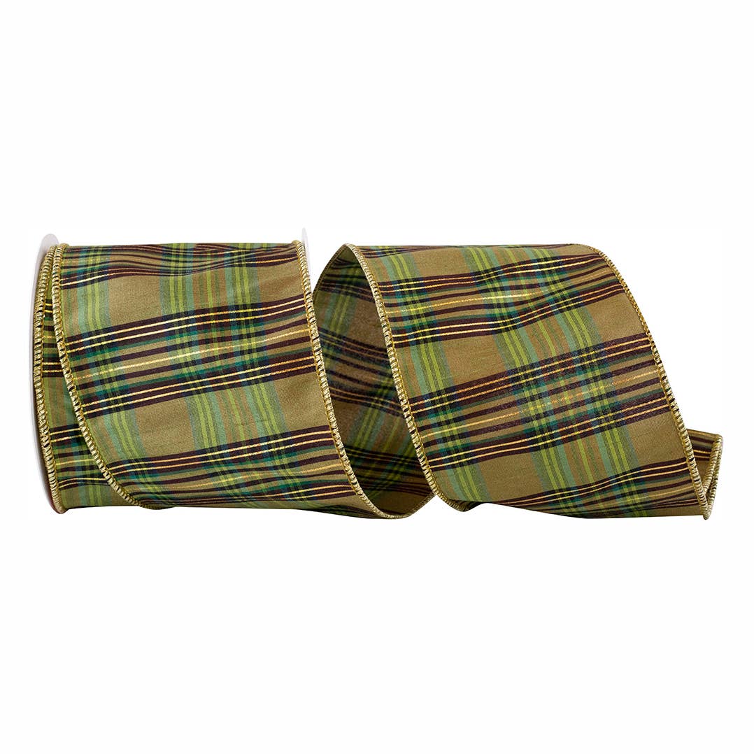 Moss Plaid Dupioni Wired Edge Ribbon