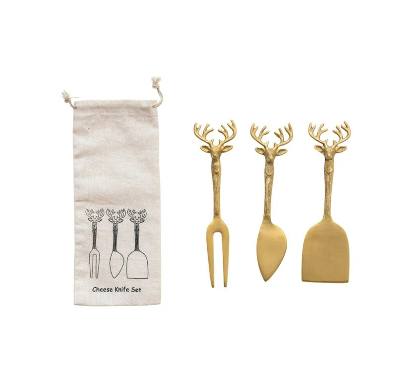 Brass Reindeer Cheese Knives Set