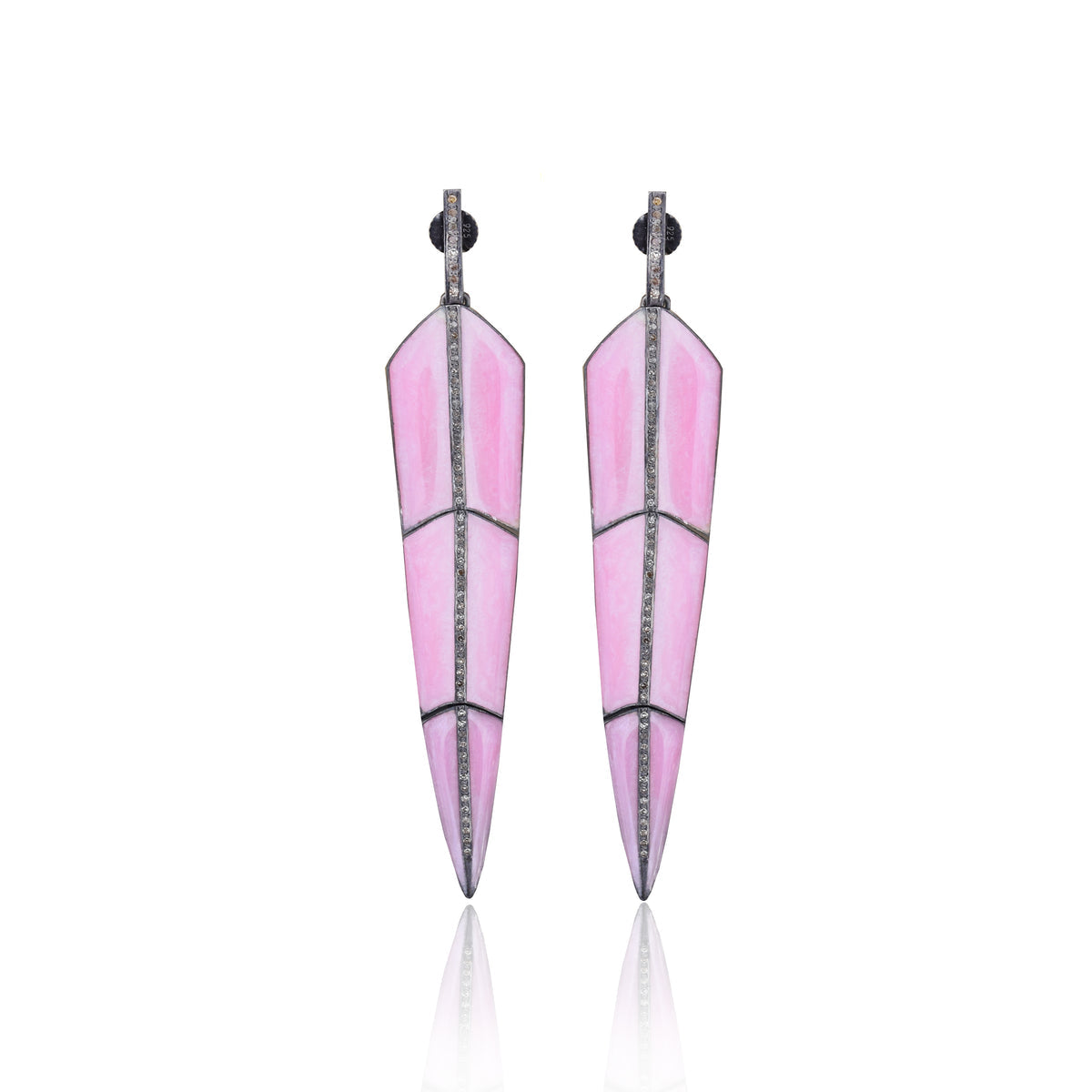 Large Pearl Rose Enamel Feather Earrings