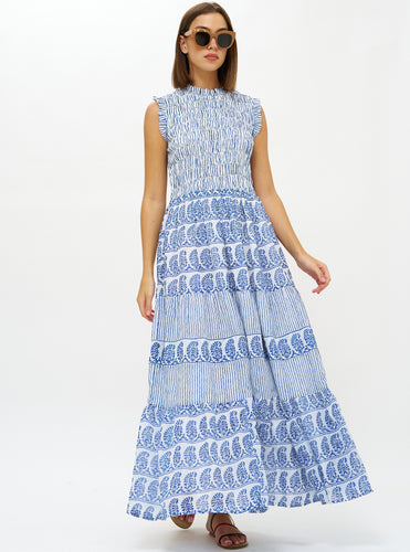 Blue Sleeveless Smocked Dress