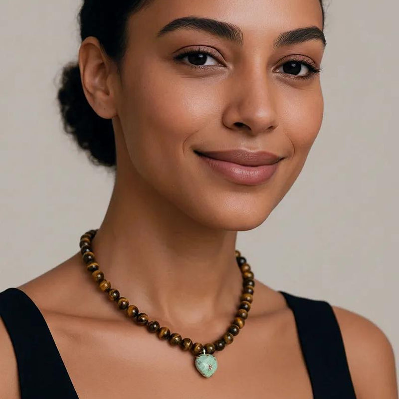 Tiger's Eye & Phoenix Stone Heart Necklace
