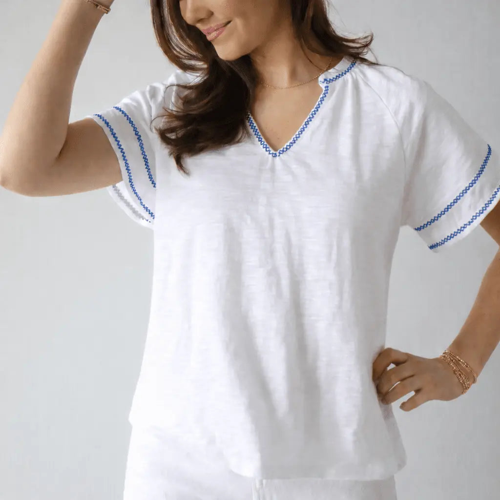 White with Blue Stitch Daisy Top