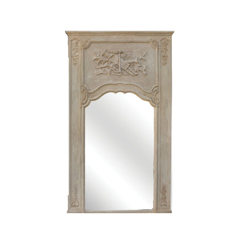 Tall rectangular trumeau mirror with carved musical decoration painted soft gray.