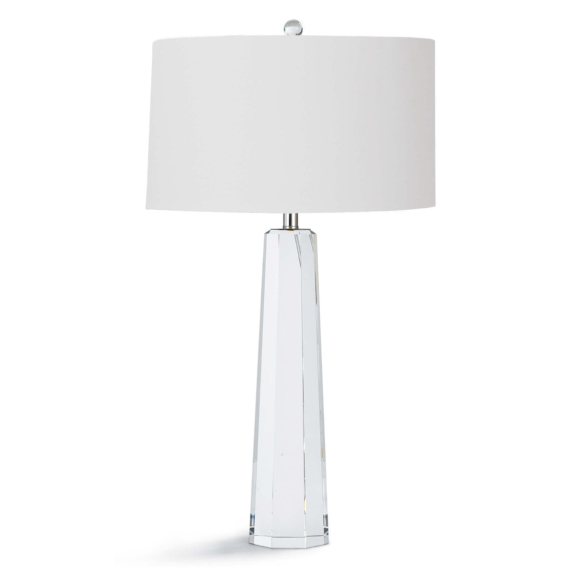 Tapered hex crystal lamp with white shade.