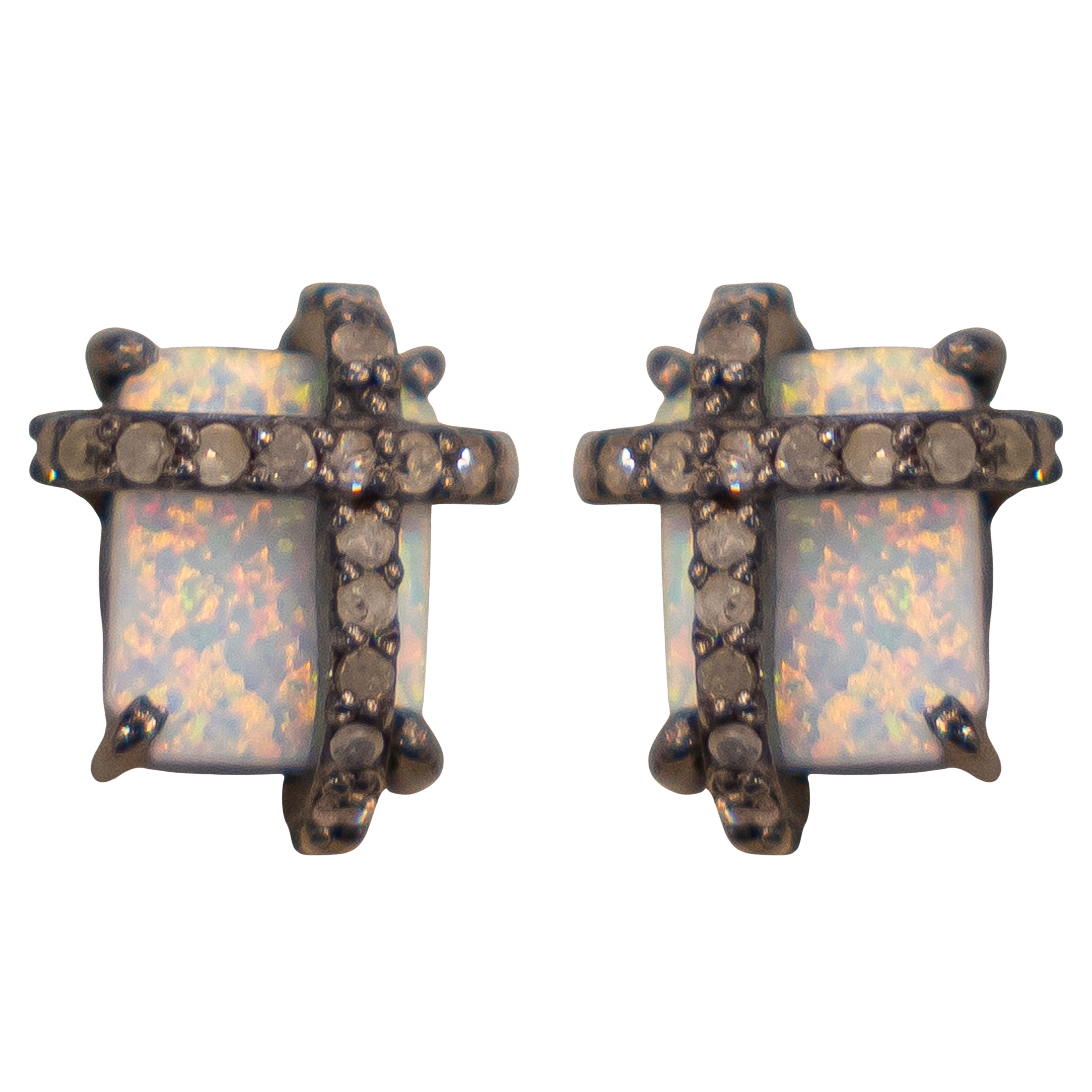 White Opal & Pave Stud Earrings