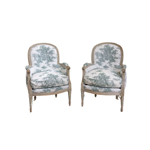 Pair 19th C Toile Armchairs