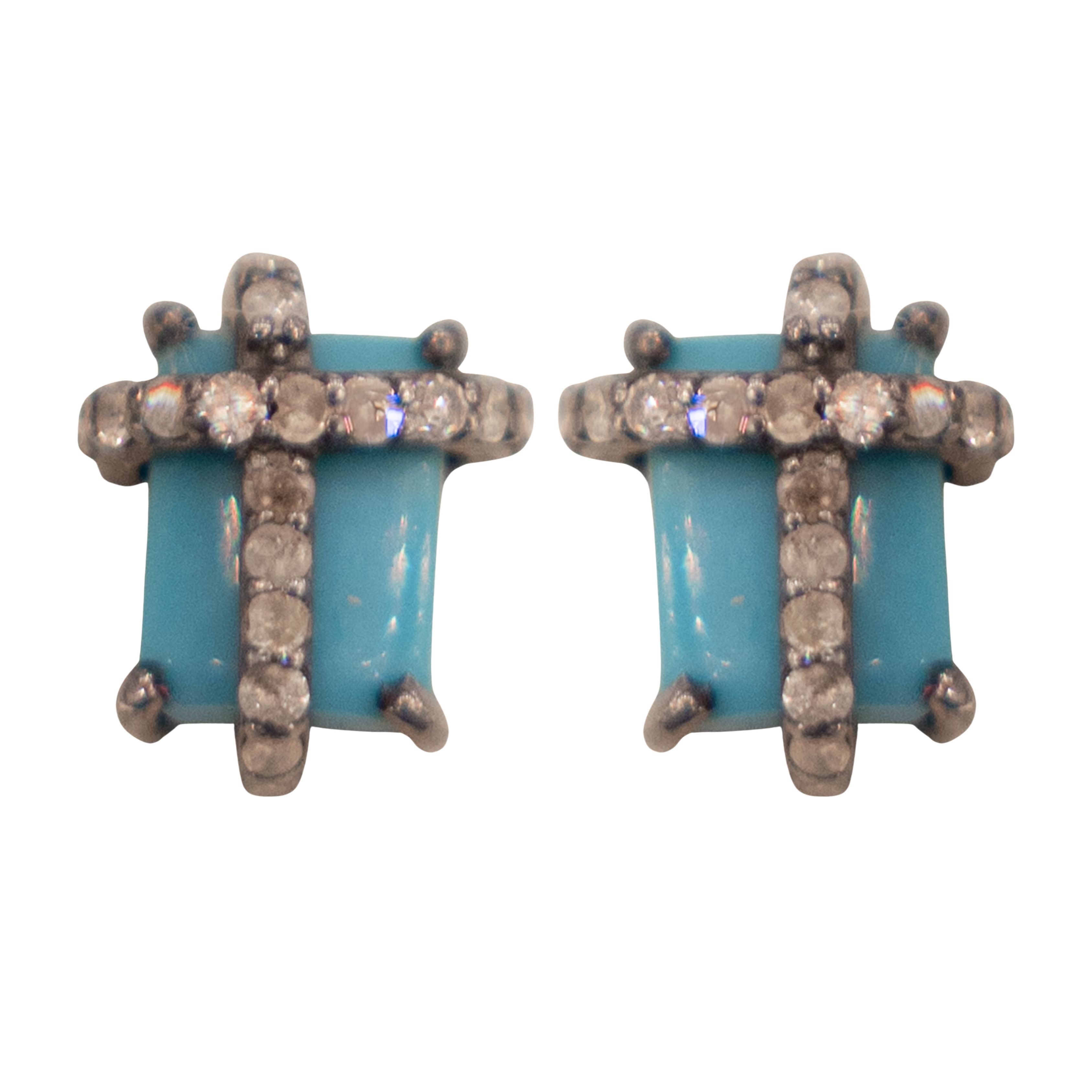 Blue Turquoise & Pave Stud Earrings