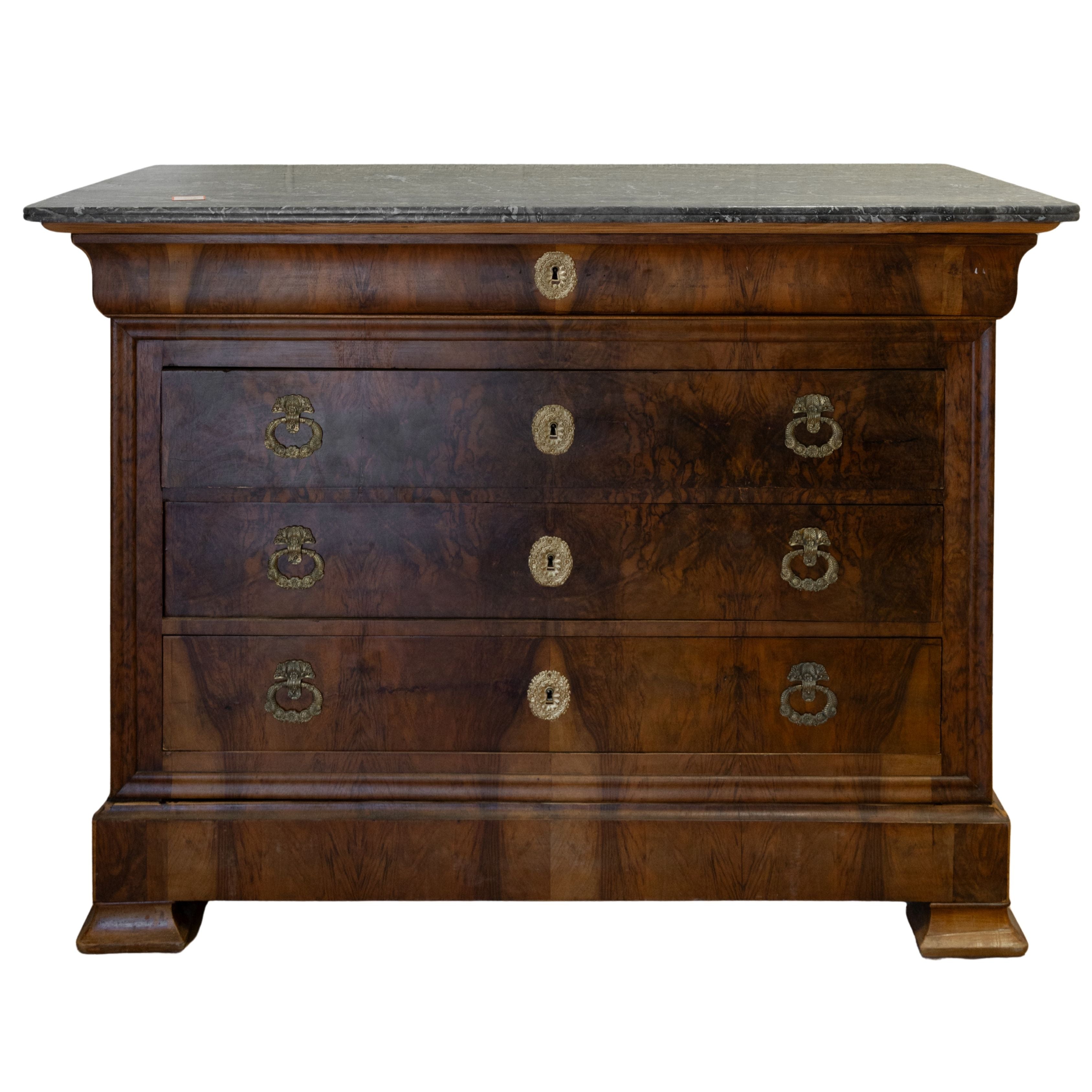 LP Burled Walnut Commode with Gold Pulls & St. Anne Marble