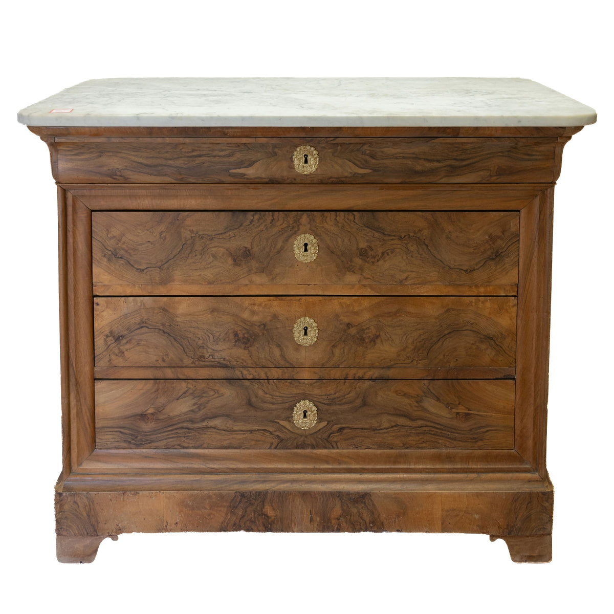 Burled Walnut LP Commode with 4 Rosettes & Pale Grey Marble (47.5x23x38.5)
