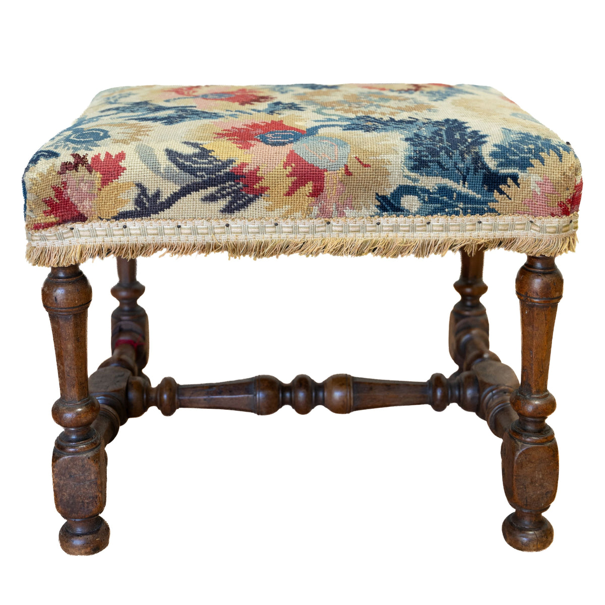 French Louis XIII-Style Walnut Stool with Floral Needlepoint Upholstery