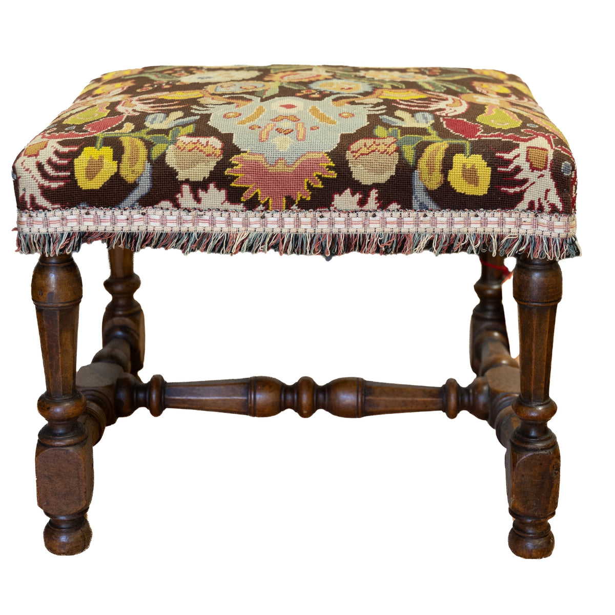 French Louis XIII-Style Walnut Stool with Brown Floral Needlepoint Upholstery