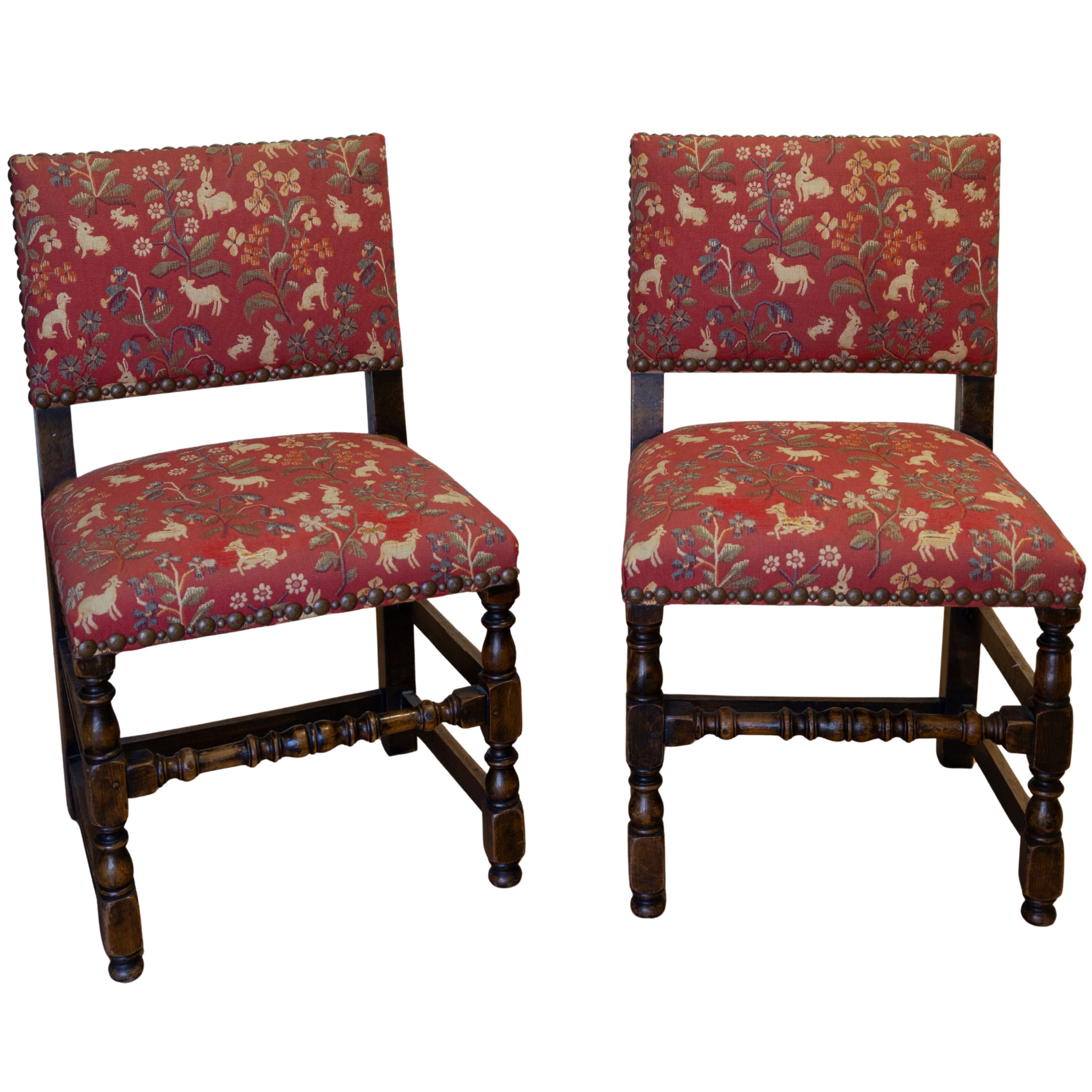 Pair of Chairs with Turned Legs & Rabbit print
