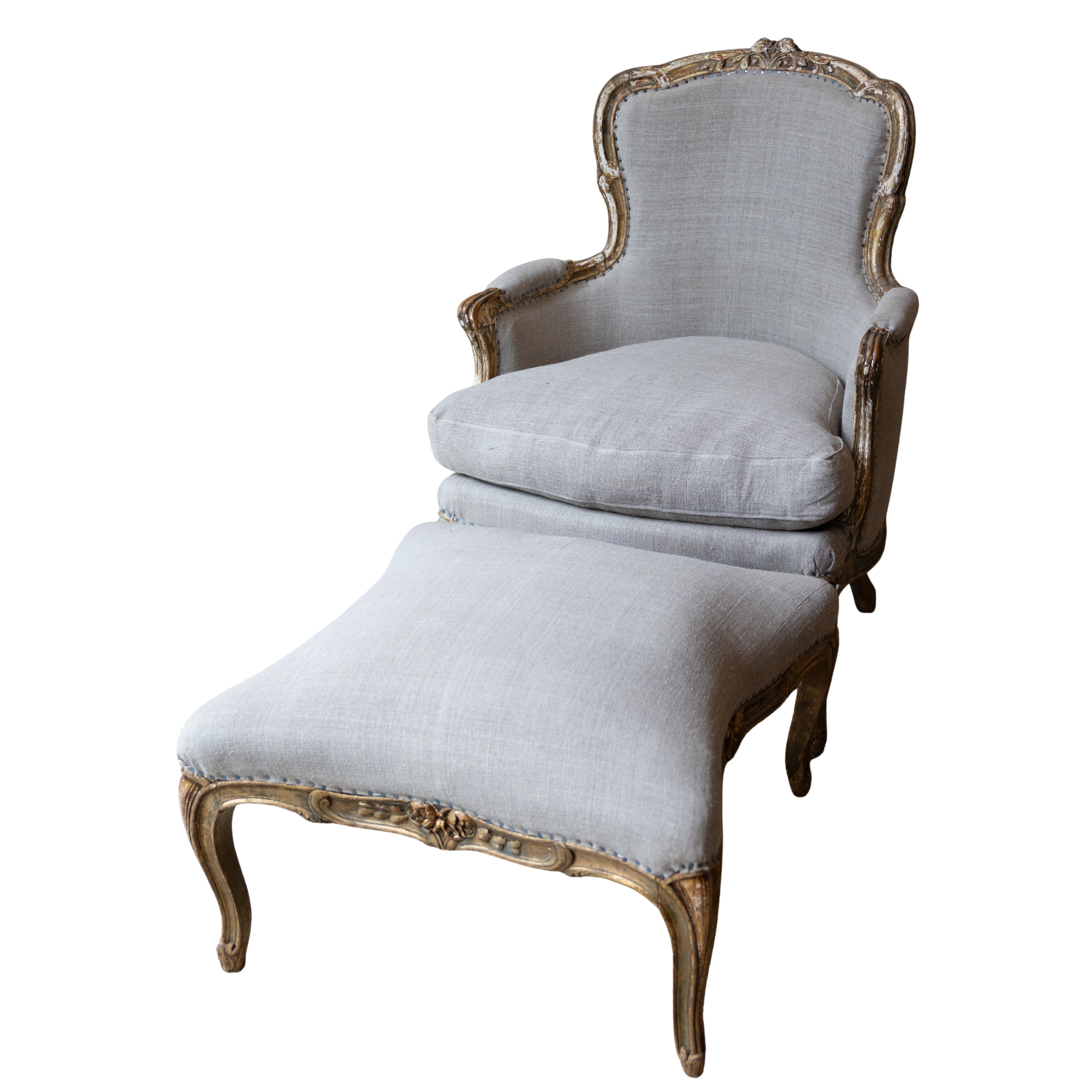 Louis XVI-Style Upholstered Armchair & Ottoman