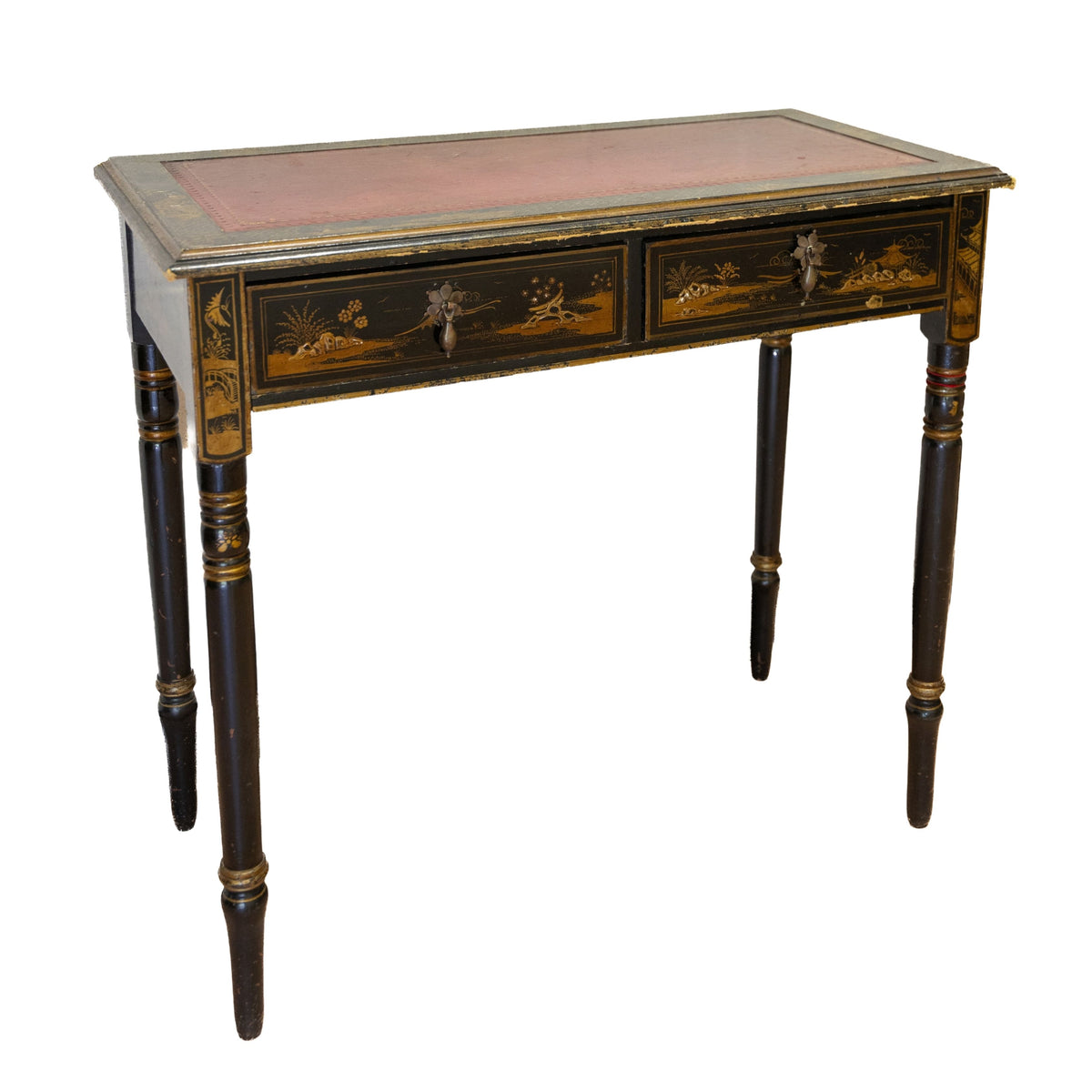 19th Century Chinoiserie Desk with Red Leather Top (33x17x30H)