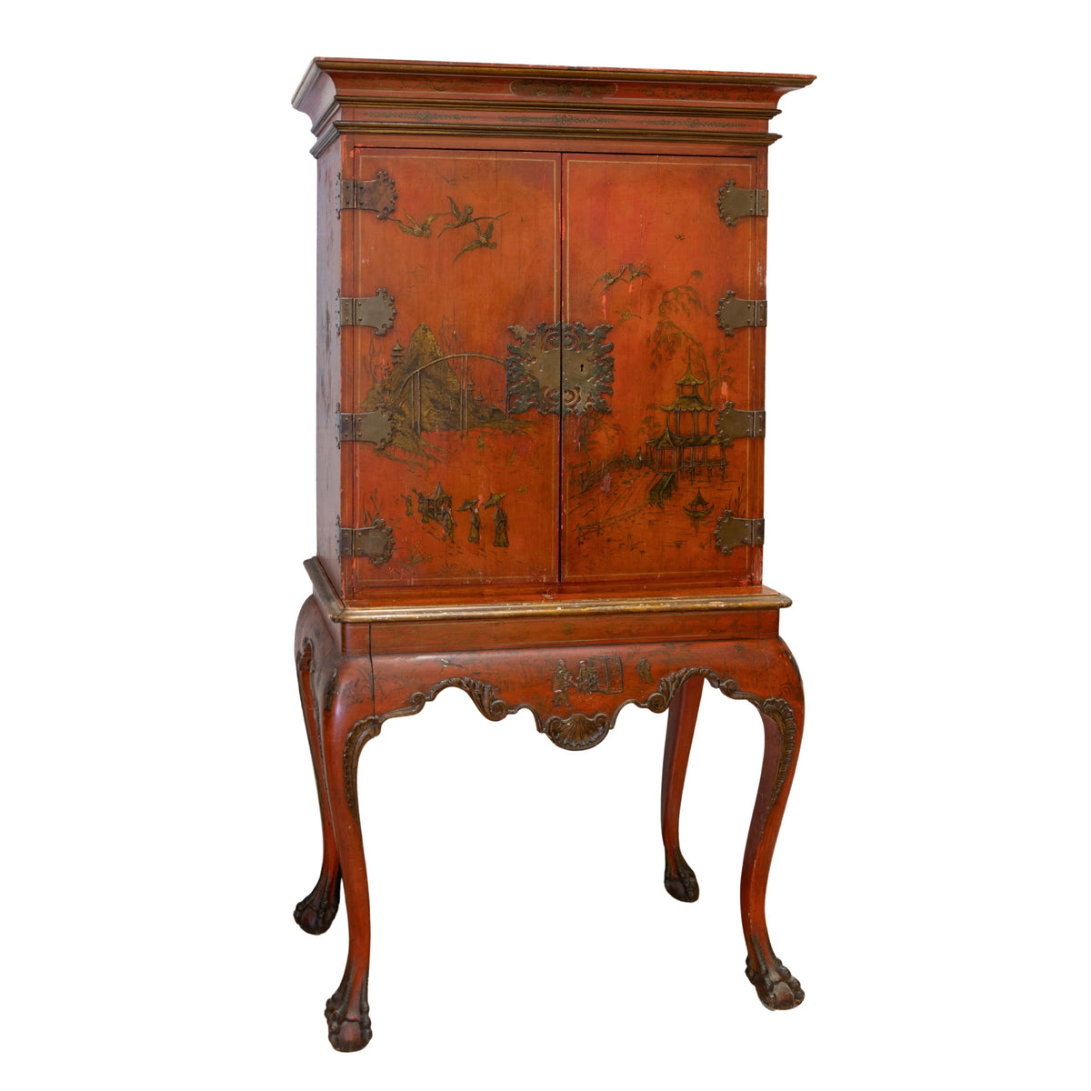 19th C Red Chinoiserie Secretary (68x34x17.5D)
