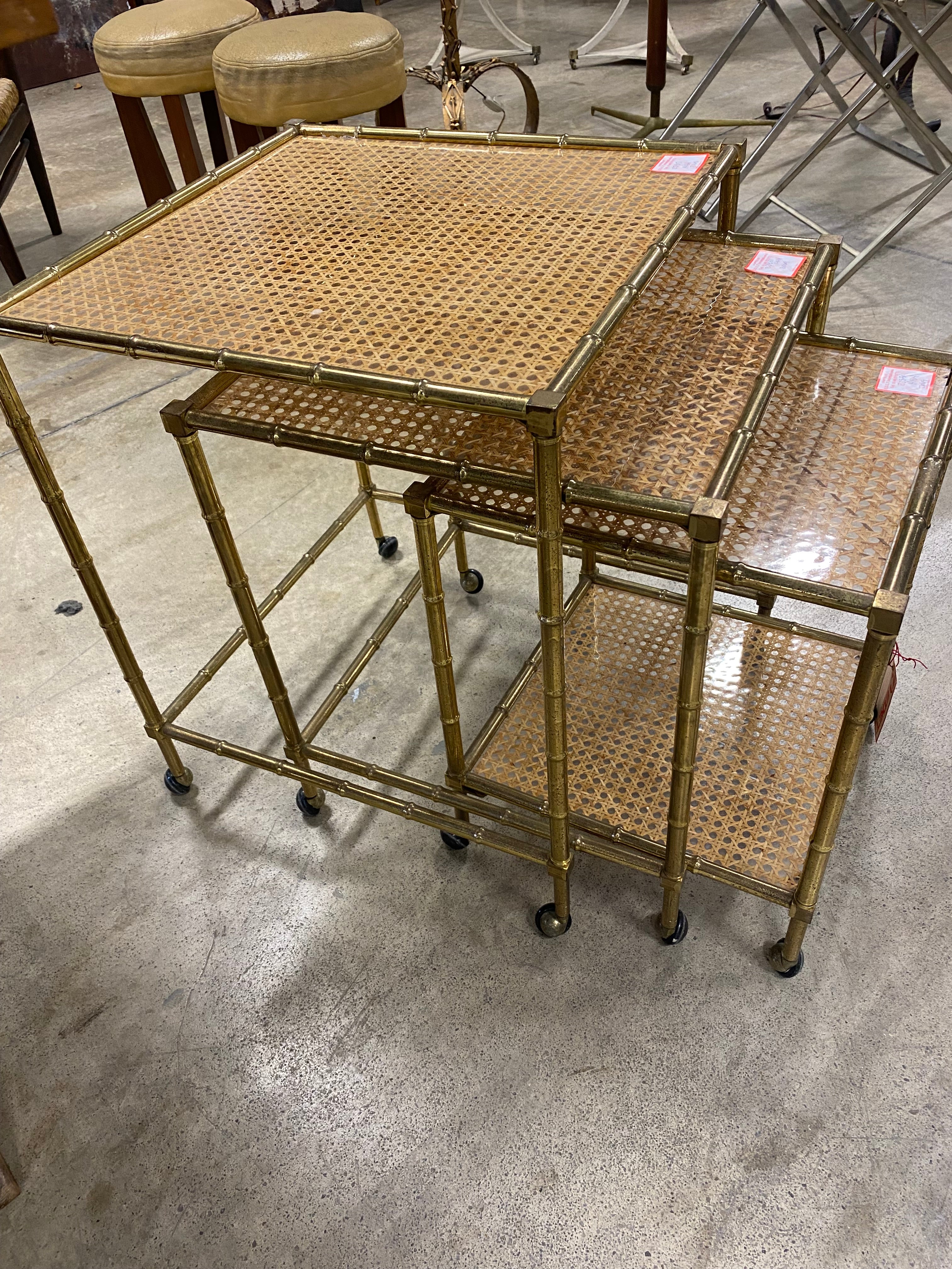 Set of Brass Rattan Nesting Tables