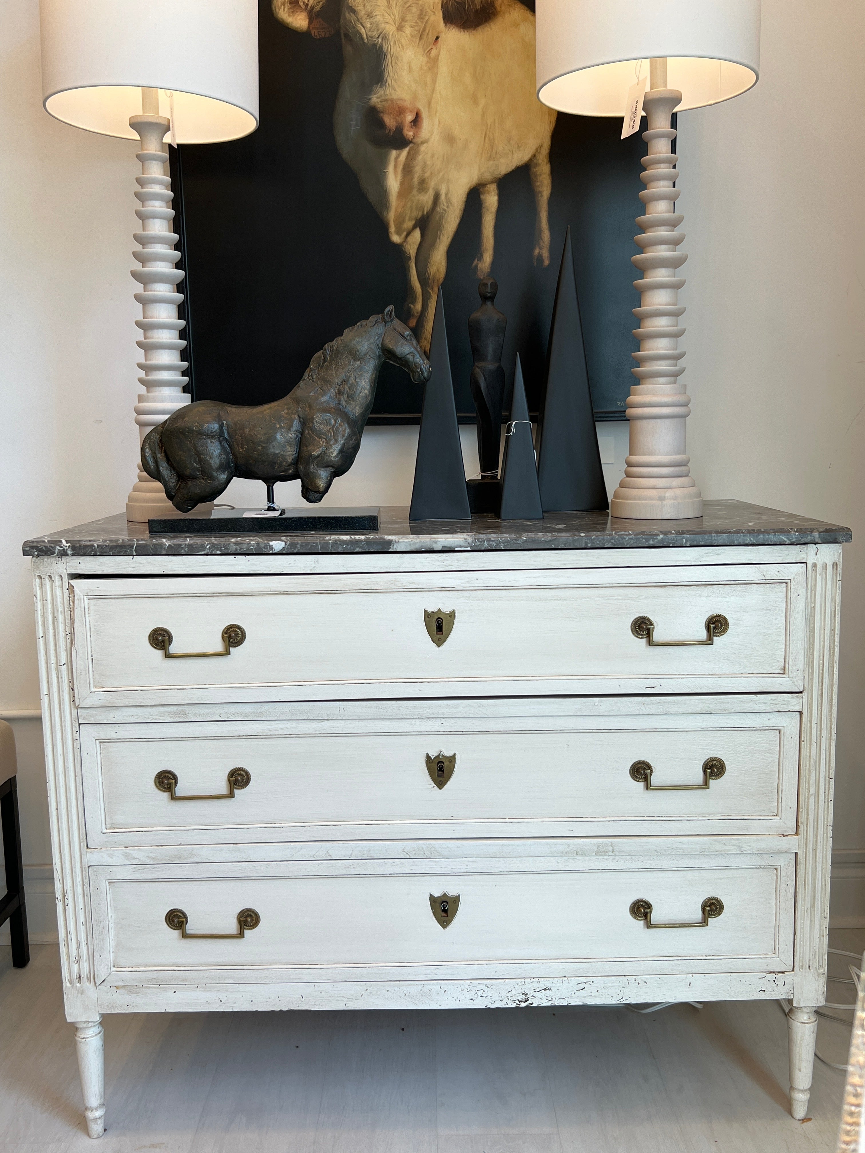 Cream Painted Walnut Louis XVI Commode with Grey Marble