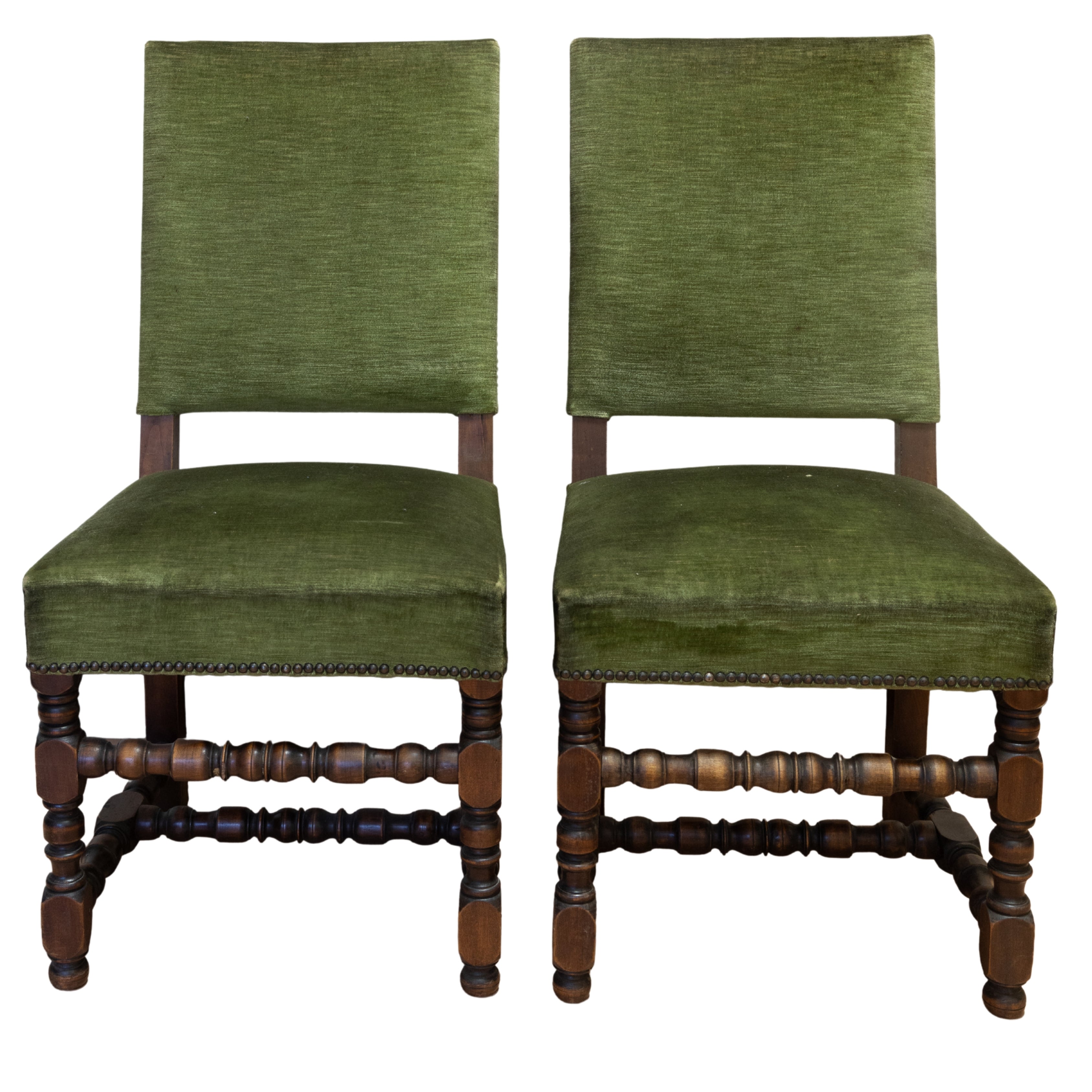 Set of Six Olive Green Velvet Louis XIII Dining Chairs