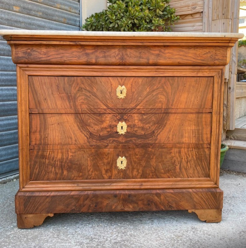 Louis Philippe Walnut Commode with White Marble and Four Drawers From France