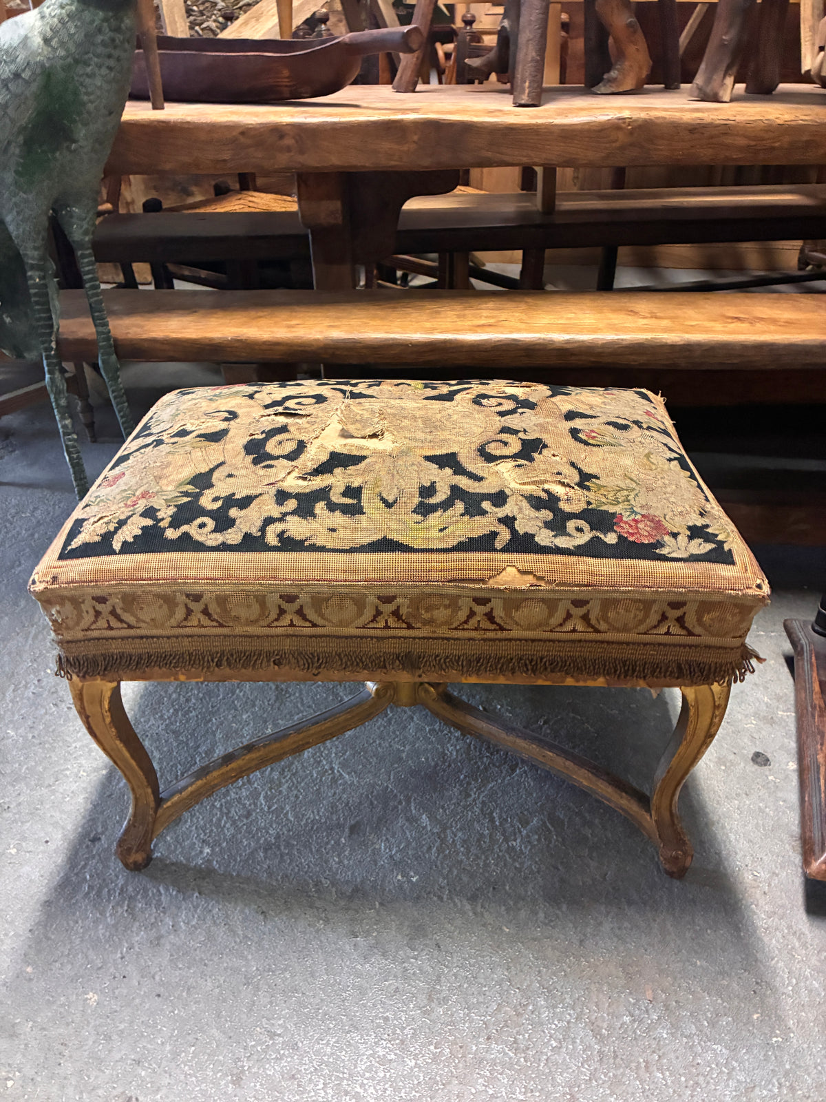 Louis XV-Style Gilded Bench with Tapestry