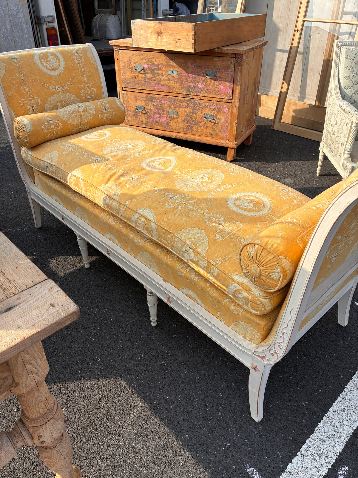 19th C Swedish-Style Chaise in Yellow Toile