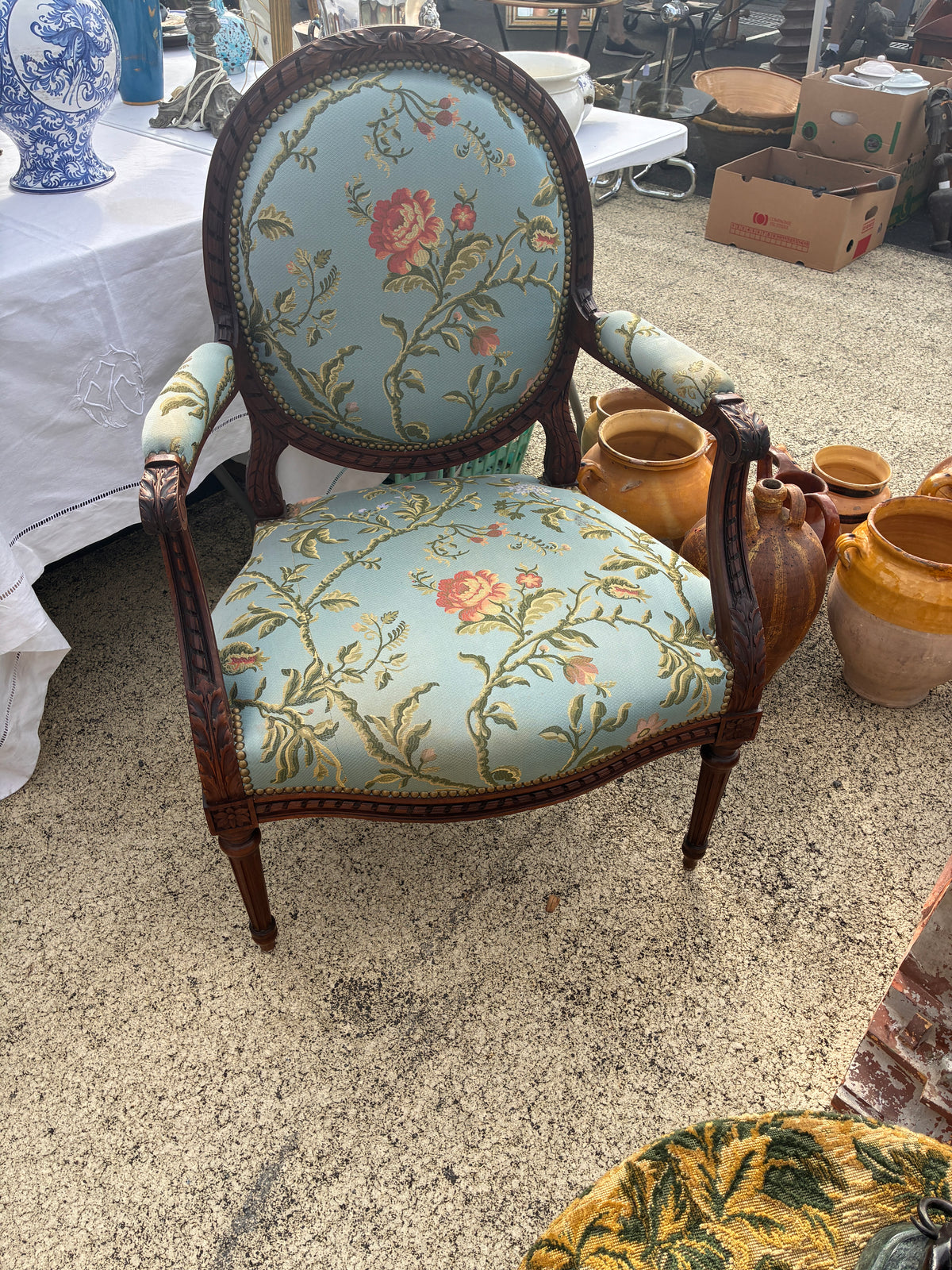Pair of Louis XVI Armchairs with Blue Floral Fabric