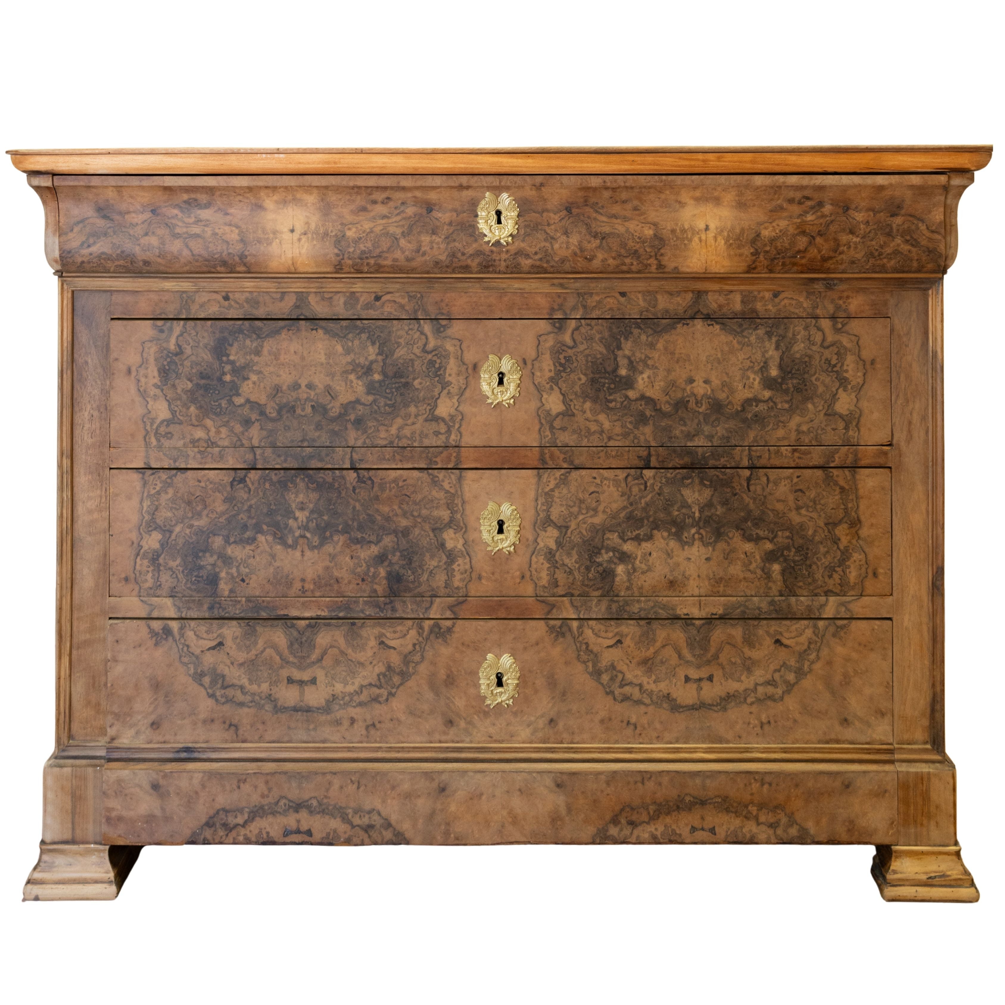Wooden Top LP Burled Walnut Commode with 4 Drawers