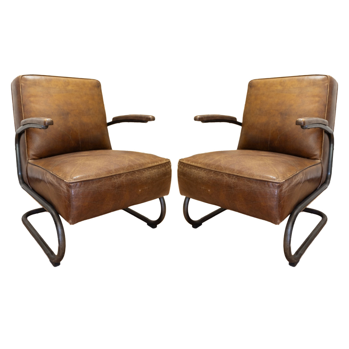Pair of Vintage Cognac Leather Armchairs 1970s