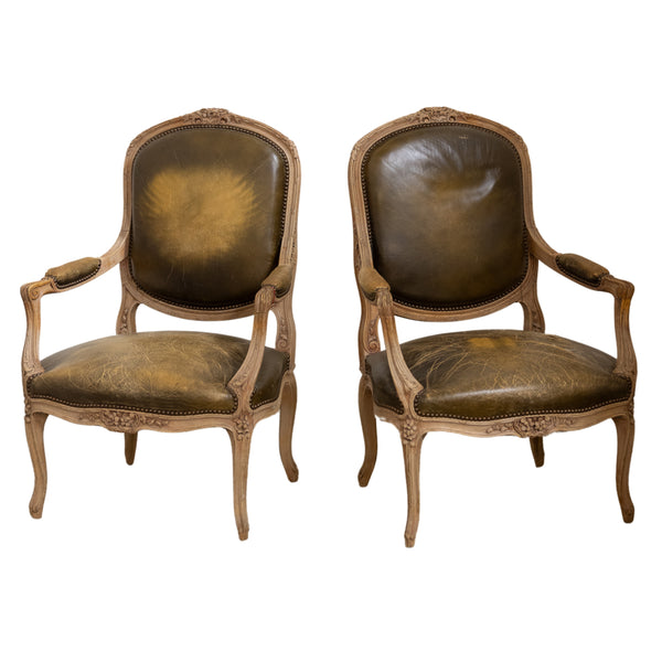 Pair of Olive Green Leather Louis XVI Chairs