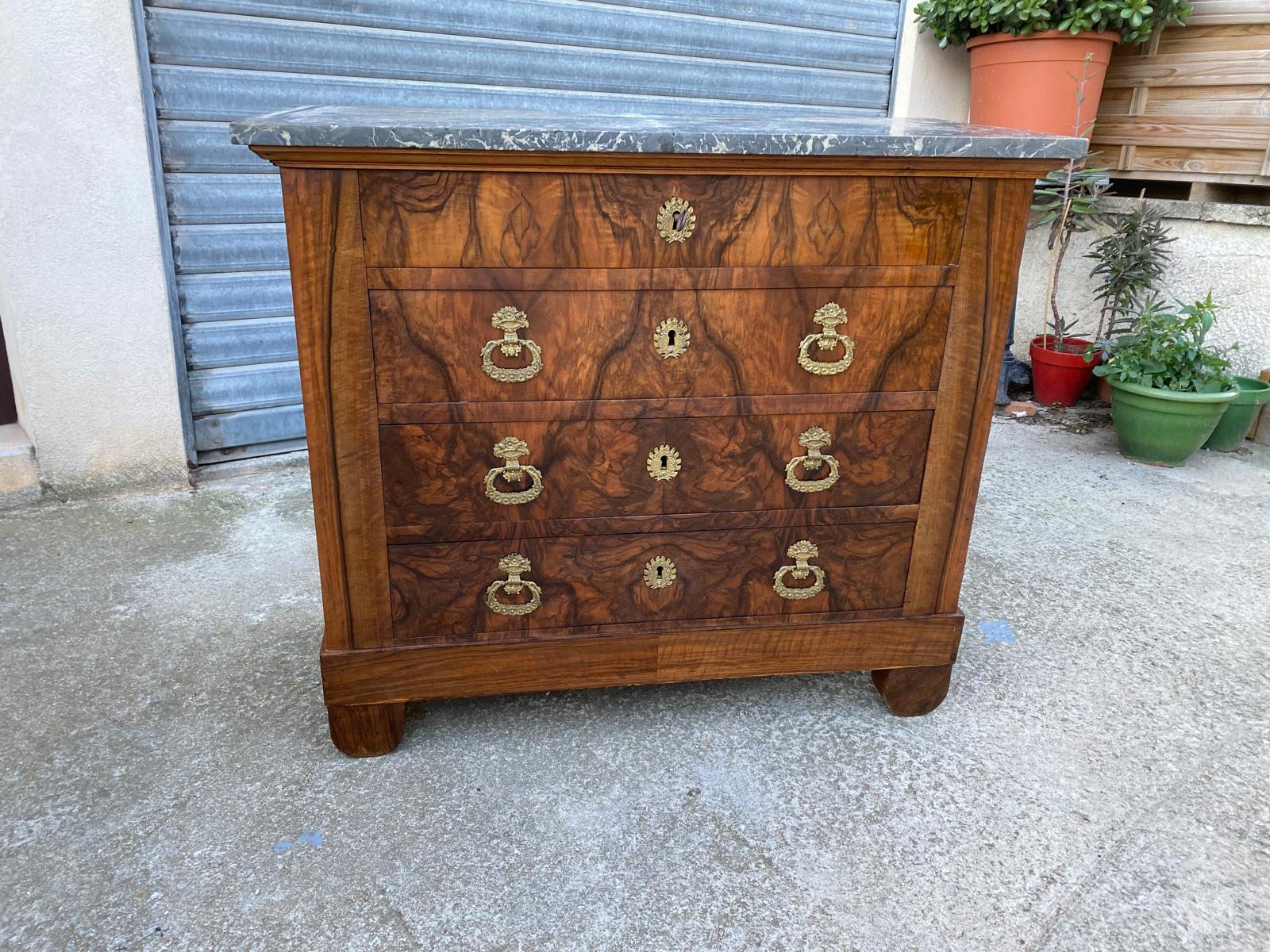 Louis Philippe Walnut Commode Dark Veining with Grey Marble