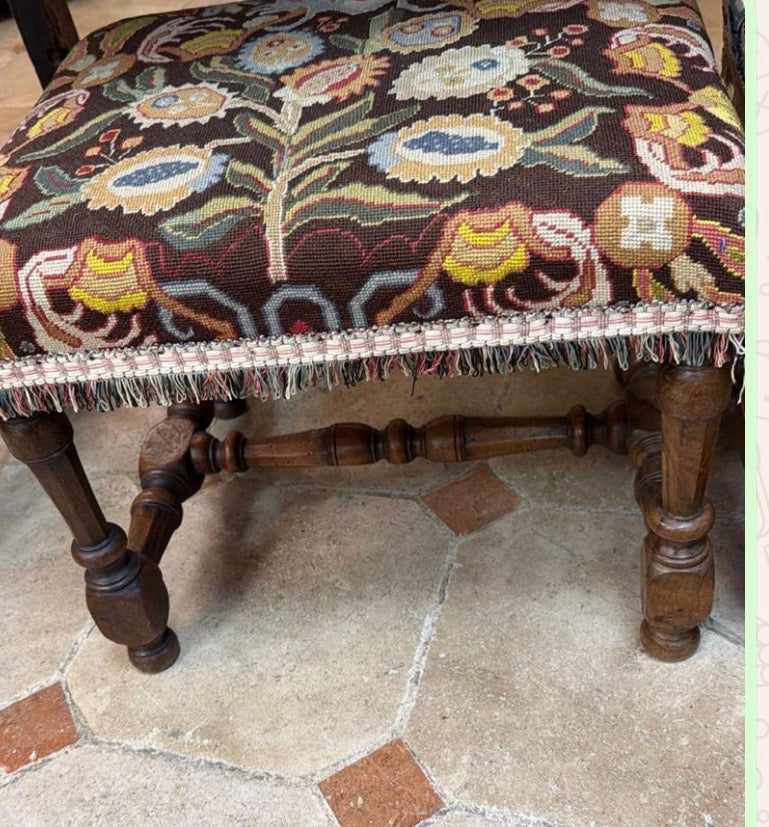 French Louis XIII-Style Walnut Stool with Floral Needlepoint Upholstery