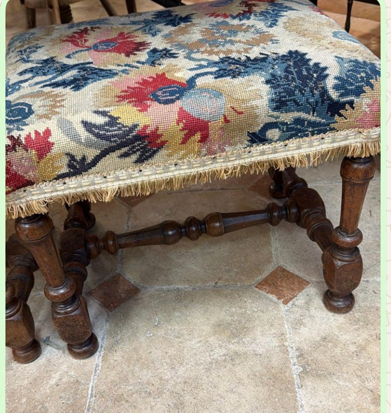 French Louis XIII-Style Walnut Stool with Floral Needlepoint Upholstery