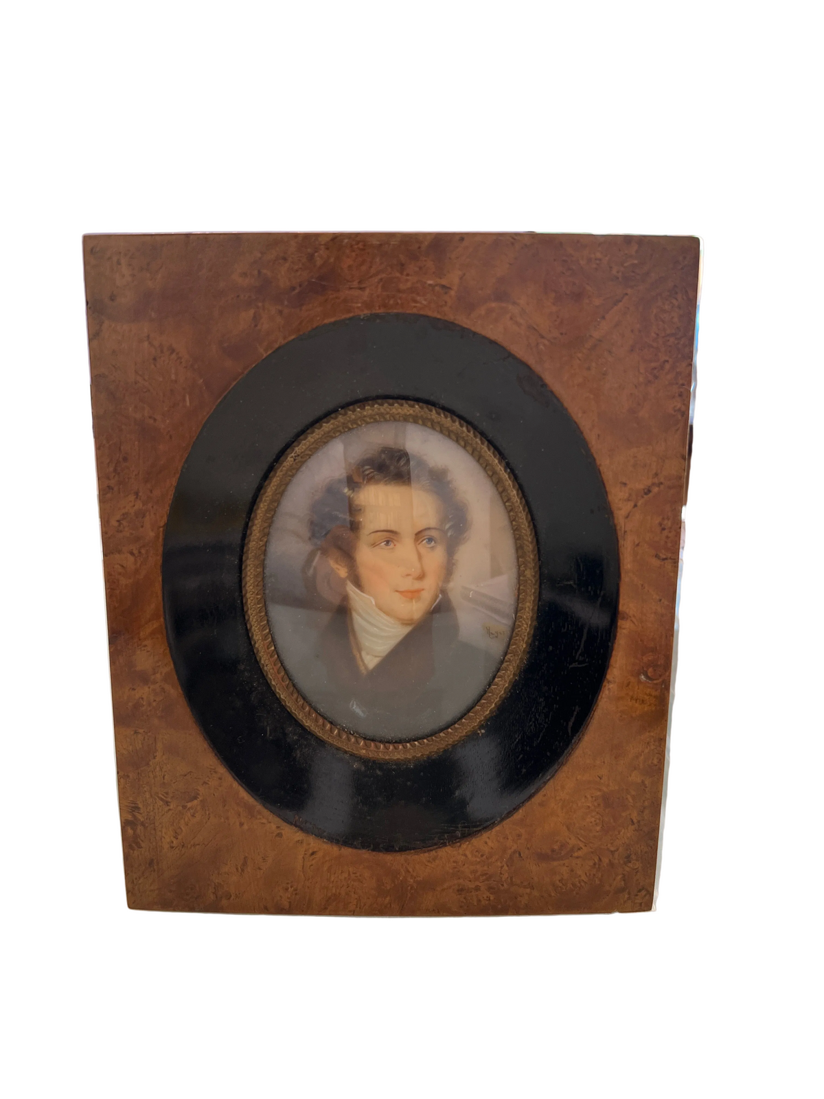 Portrait Miniature Painting 18th C. Short Brown Hair Man