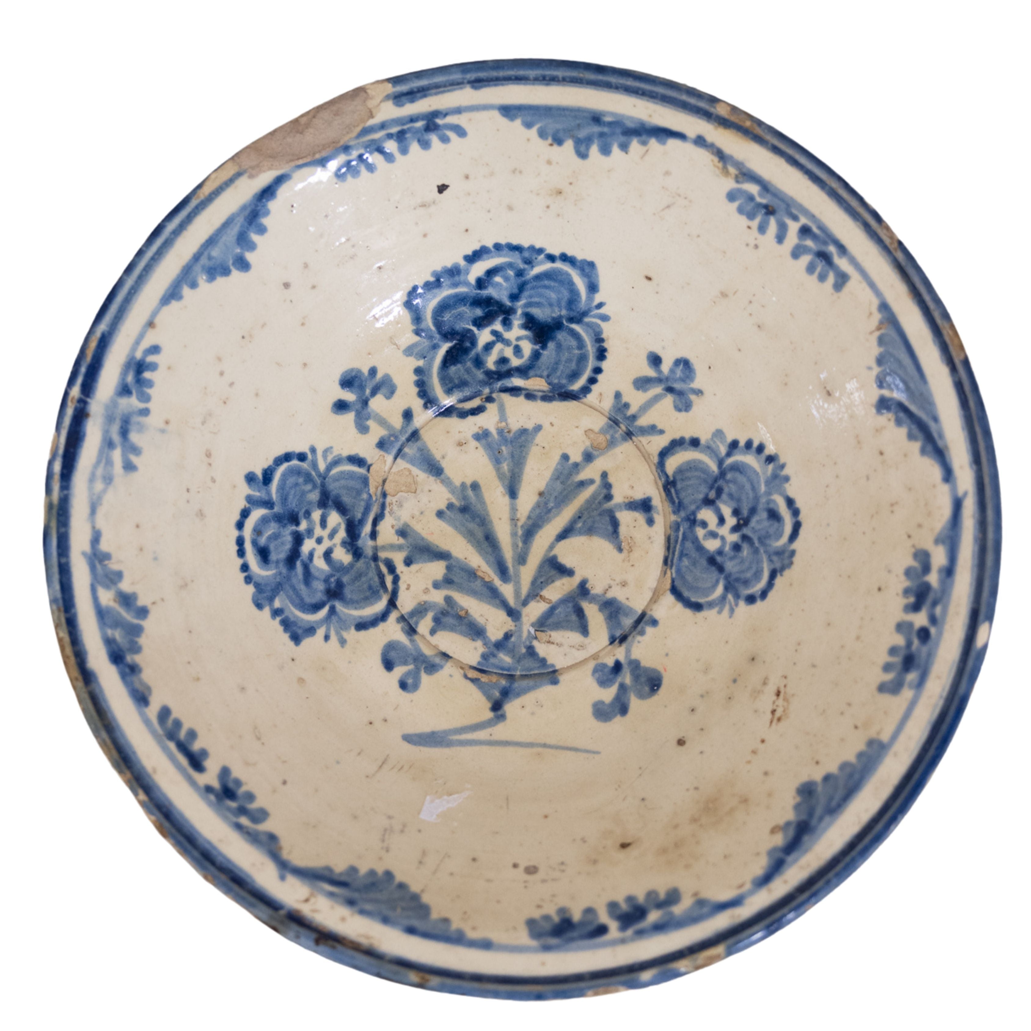 Blue and cream shallow antique bowl from Andalusia