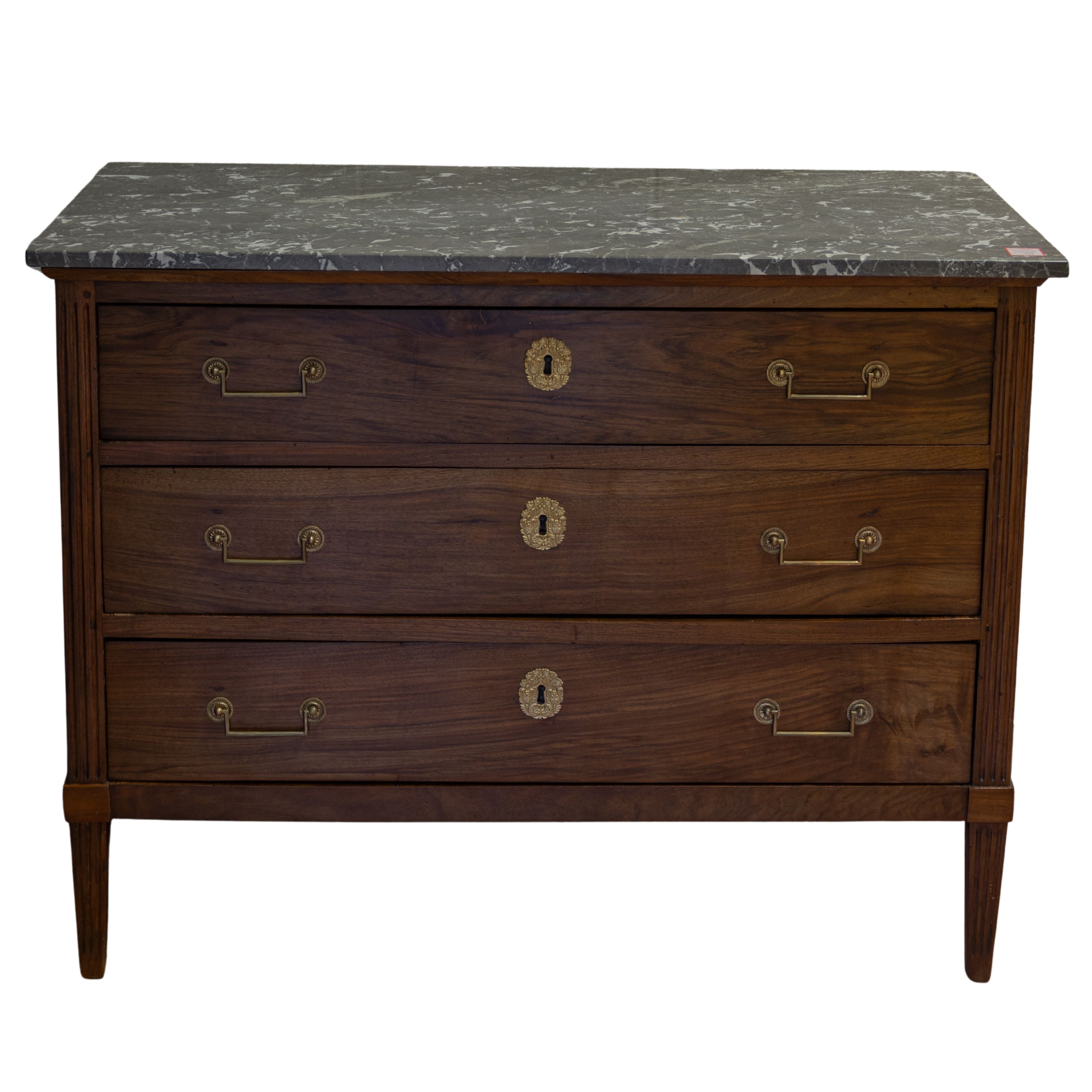 Louis XVI Walnut Commode with Grey Marble 46 x 22 x 36H