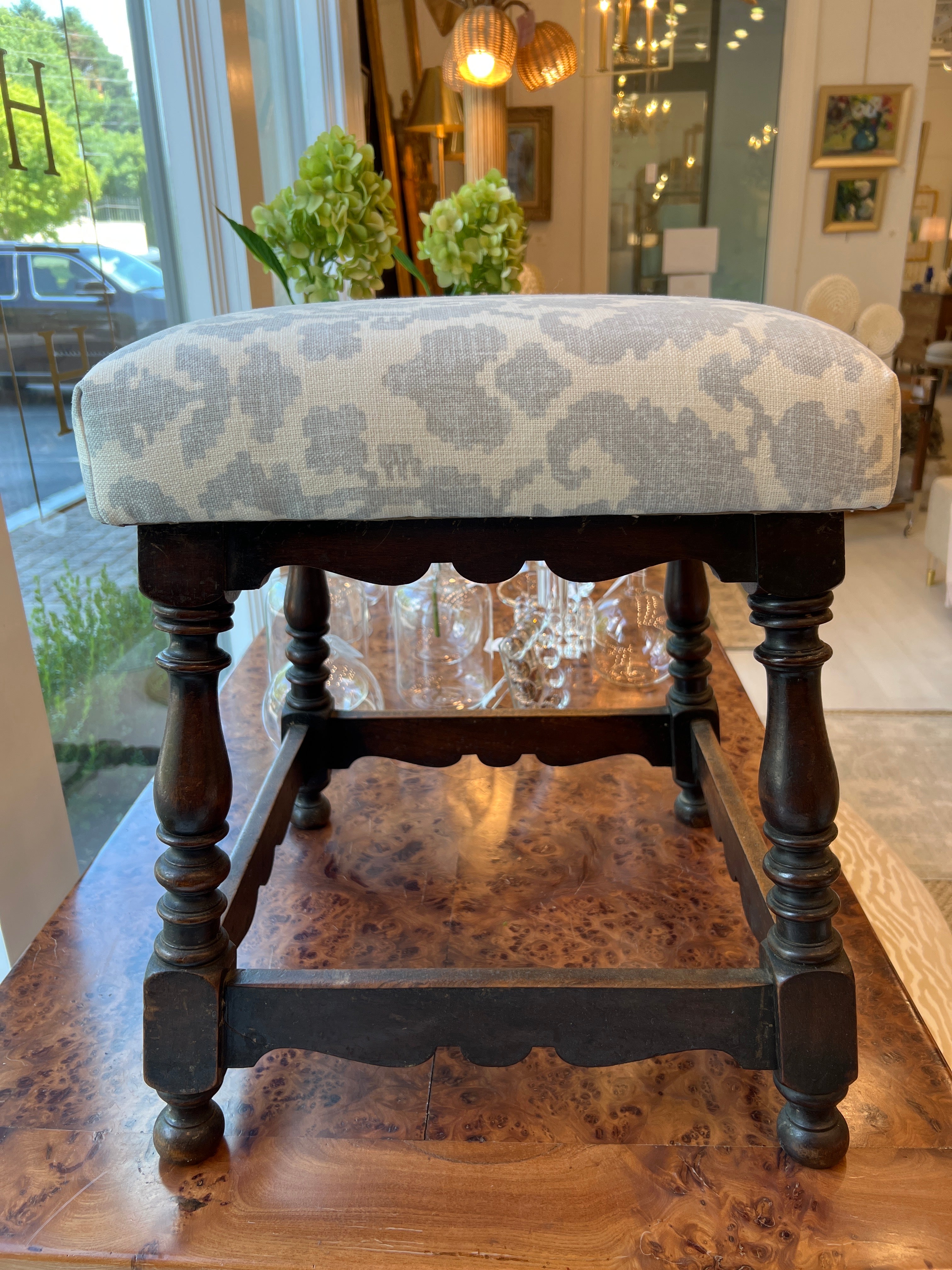 Spanish Oak Ottoman with Blue Floral