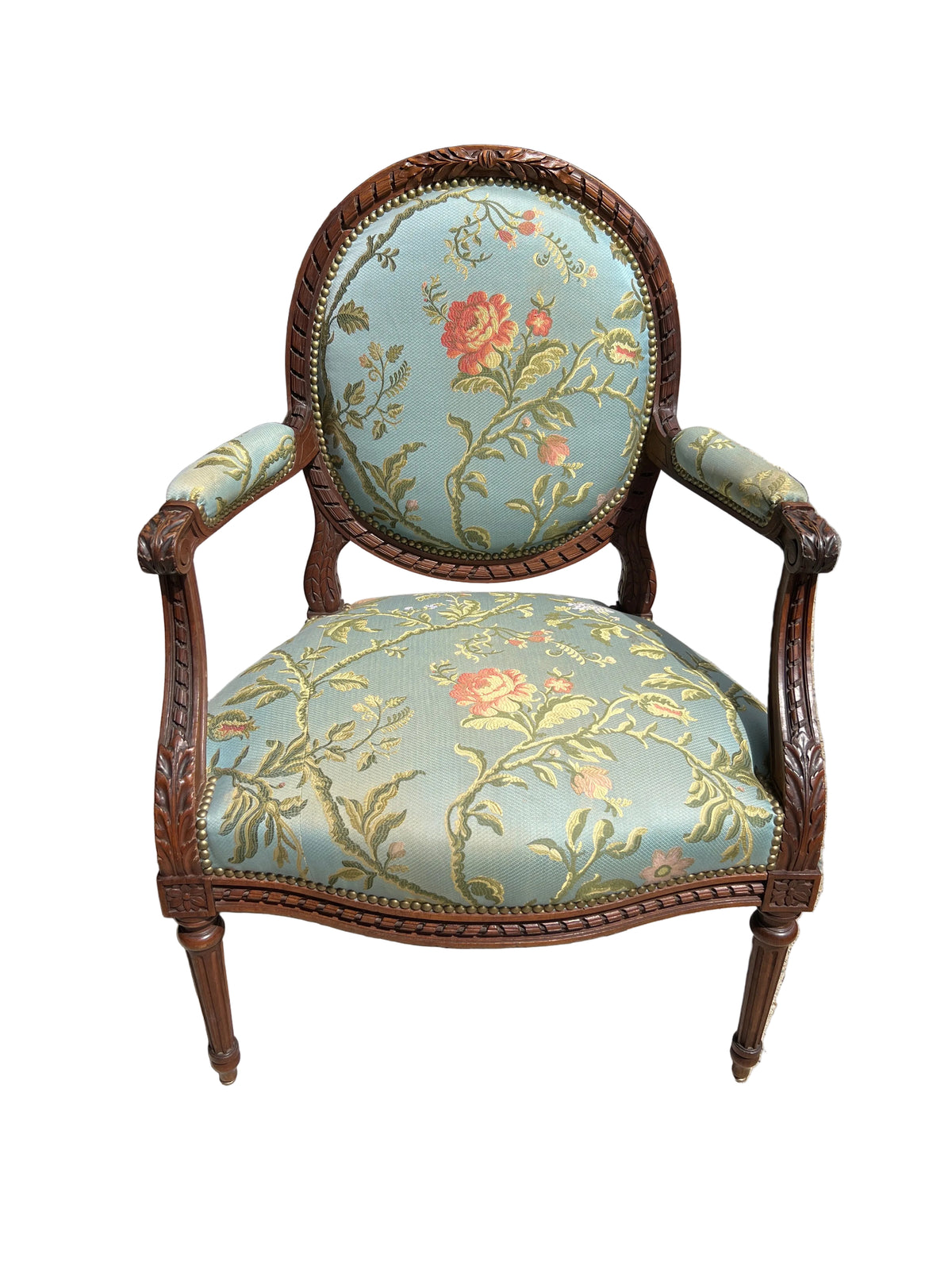 Pair of Louis XVI Armchairs with Blue Floral Fabric