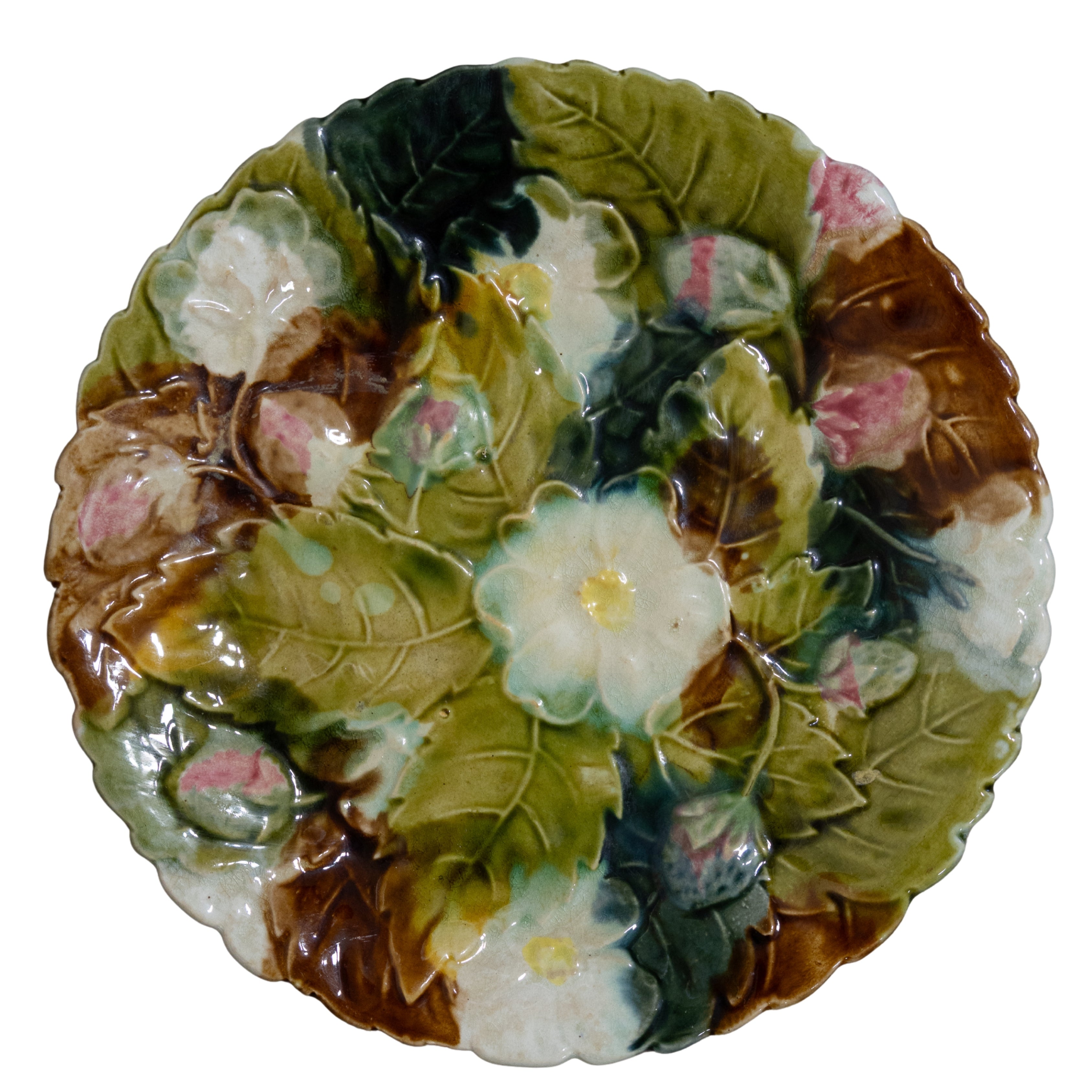 Barbotine Floral Plate - Olive, Brown, Blue, White