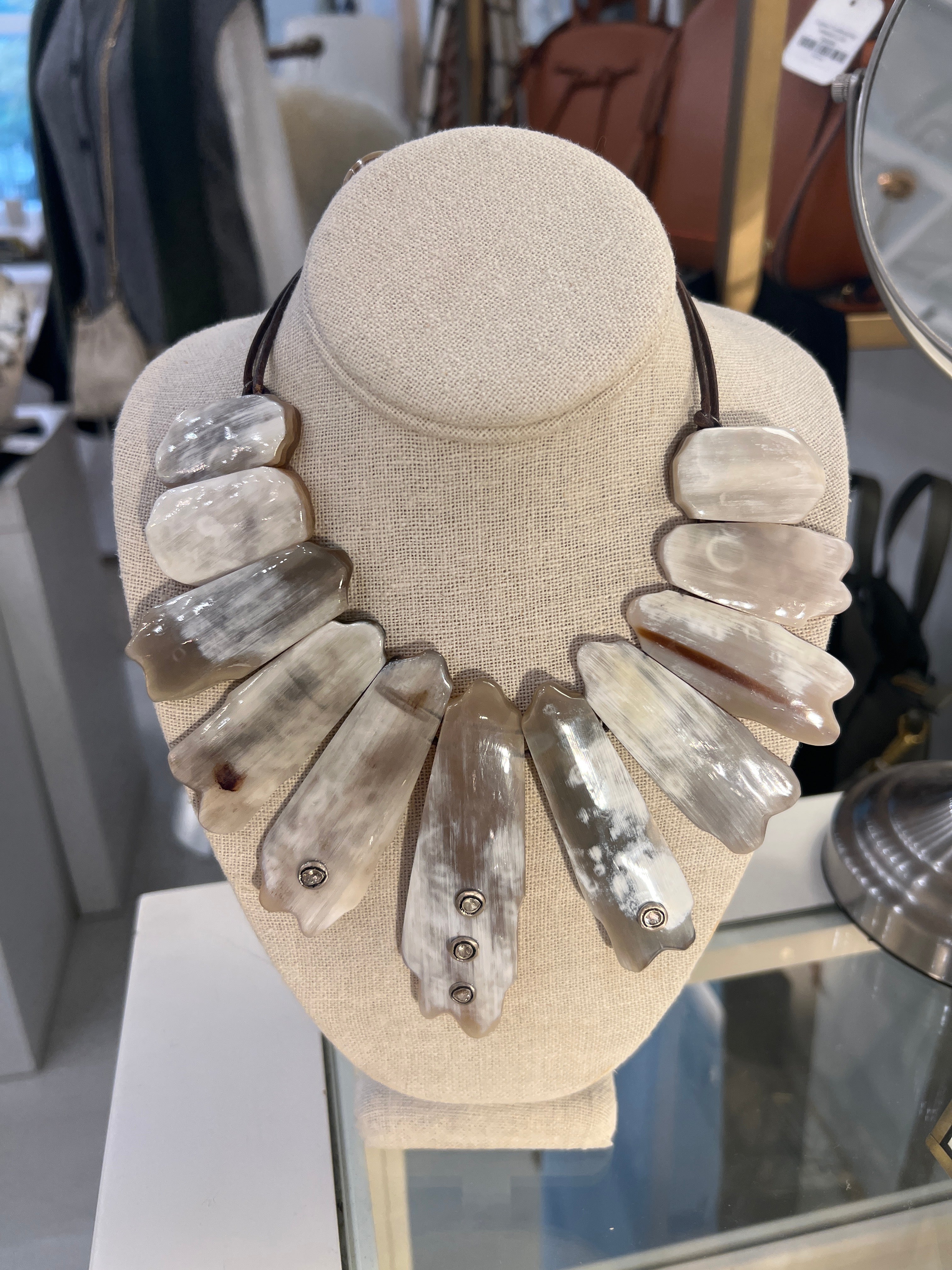 Light Polished Horn and Diamond Collar Necklace
