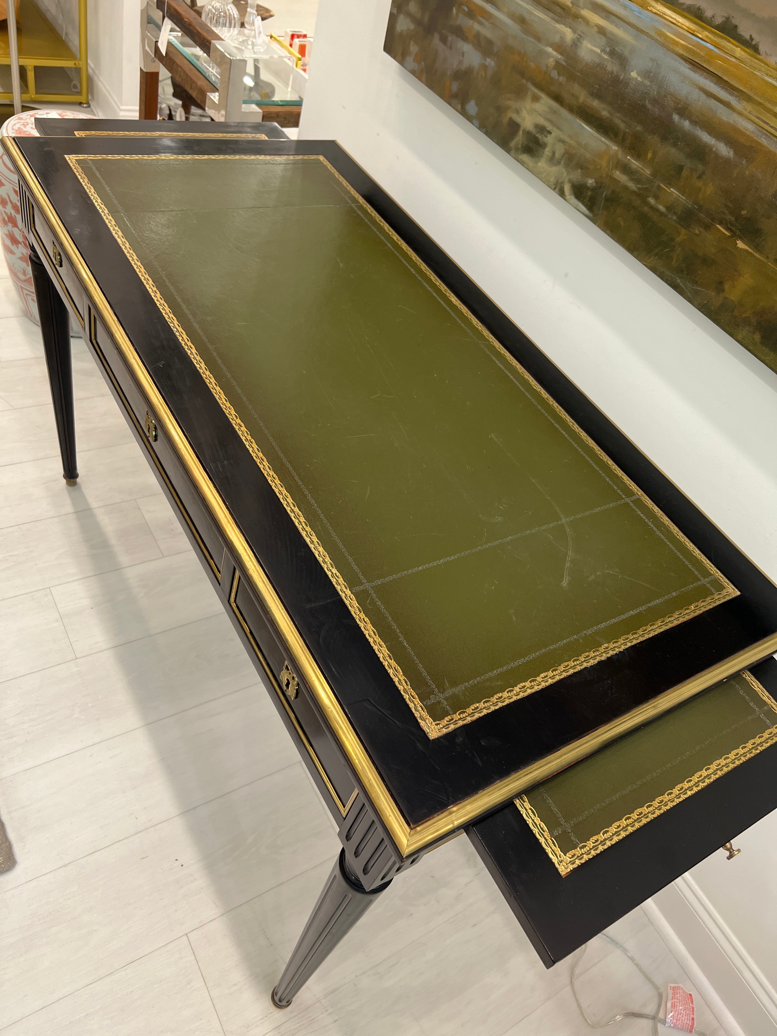 Black Neoclassical Style Desk with Green Leather Top