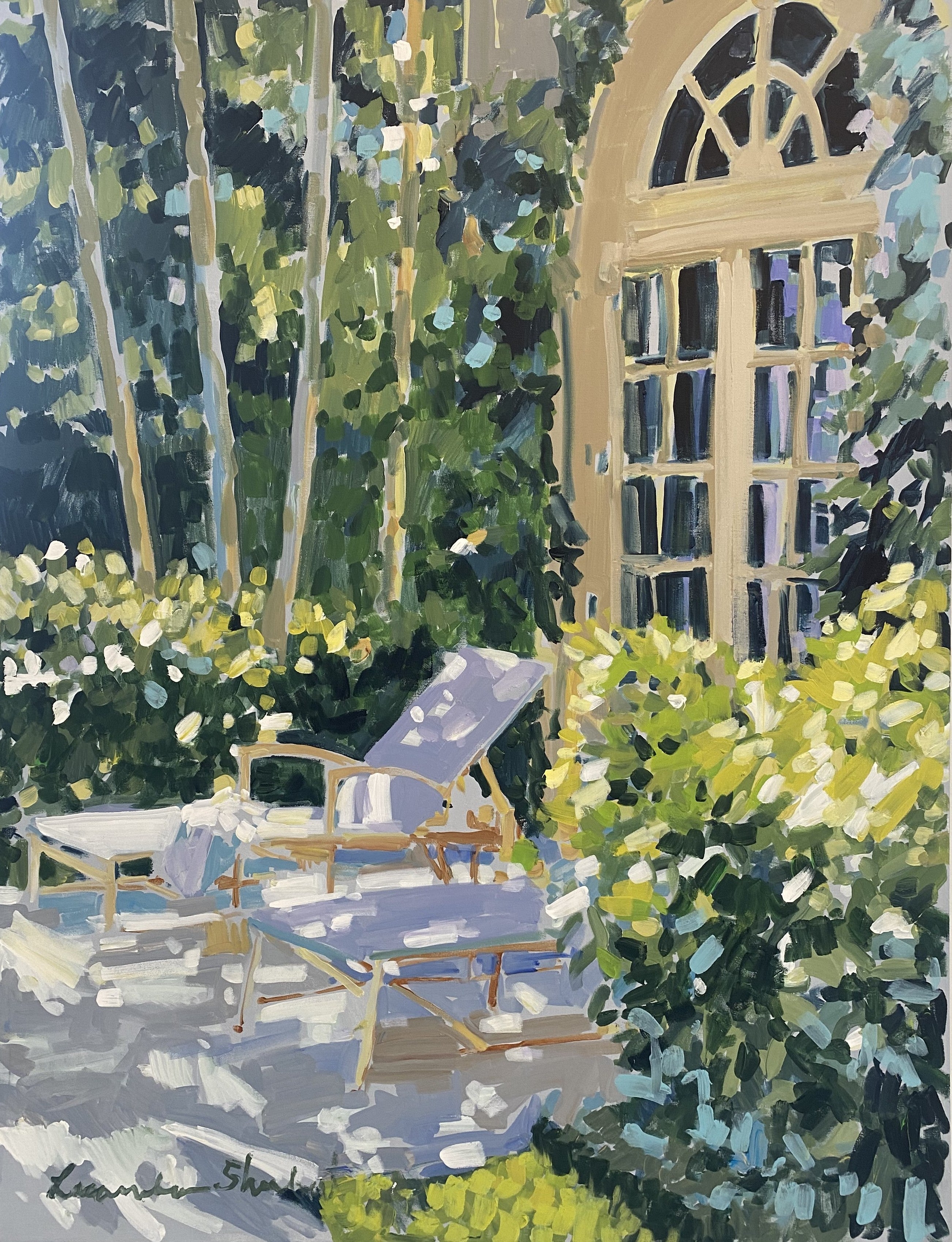Laura Lacambra Shubert - Dappled Light on Lawn Chairs (48 x 36 x 2)