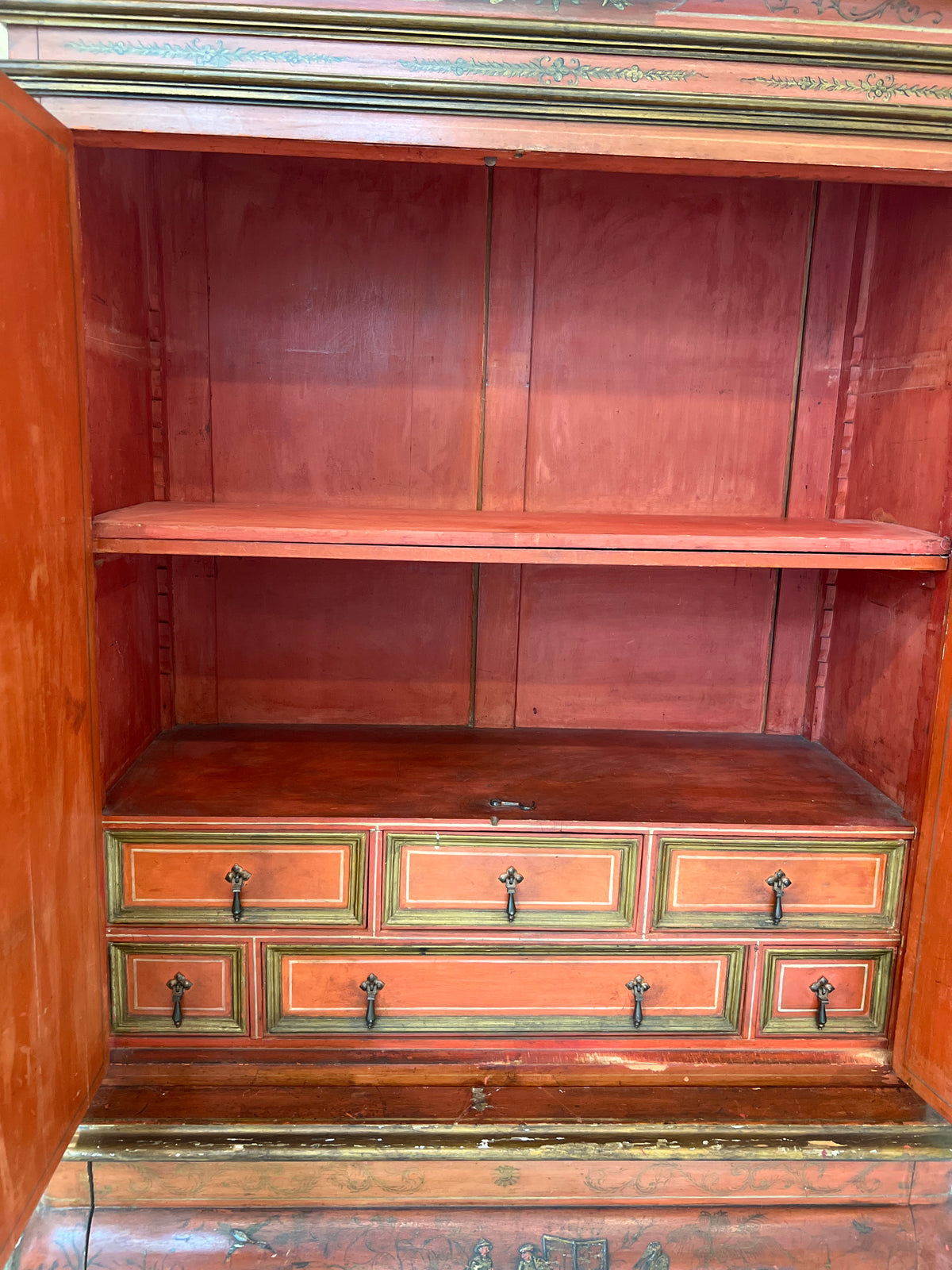 19th C Red Chinoiserie Secretary (68x34x17.5D)