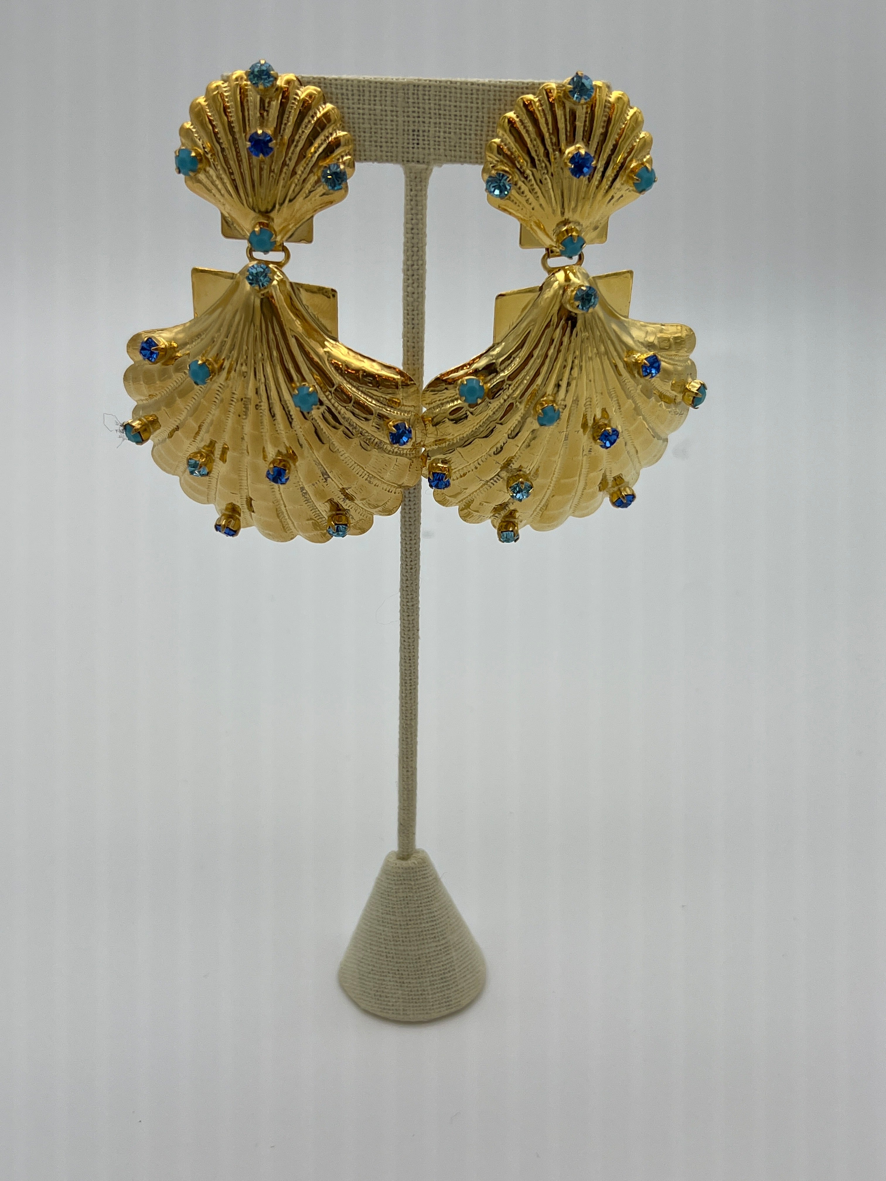 Golden Shell & Blue Crystal Earrings