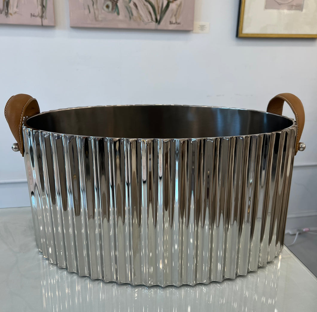 Stainless Steel Large Wine Cooler with Tan Leather Handles