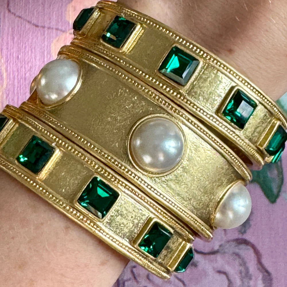Gold Bangle with Green Crystals