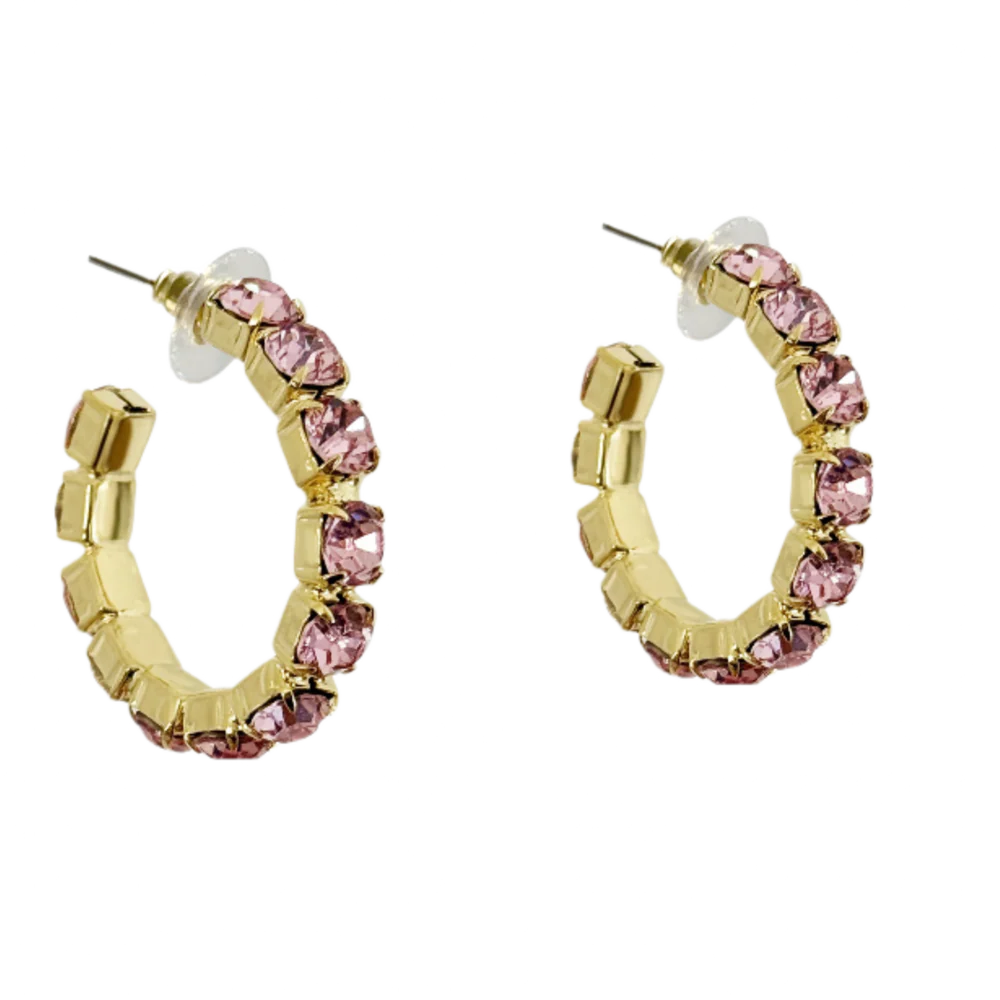 Pink Crystal Hoop Earrings - 24K Plate