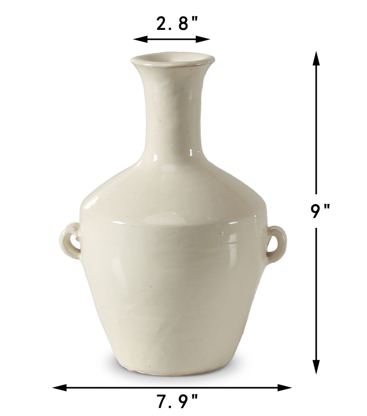 Off White Glazed Ceramic Vase w/ Two Handles 2.7" opening