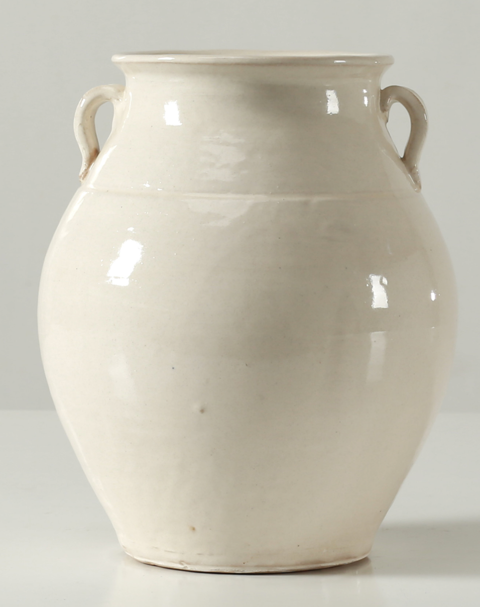Off White Glazed Ceramic Vase w/ Two Handles 5" opening