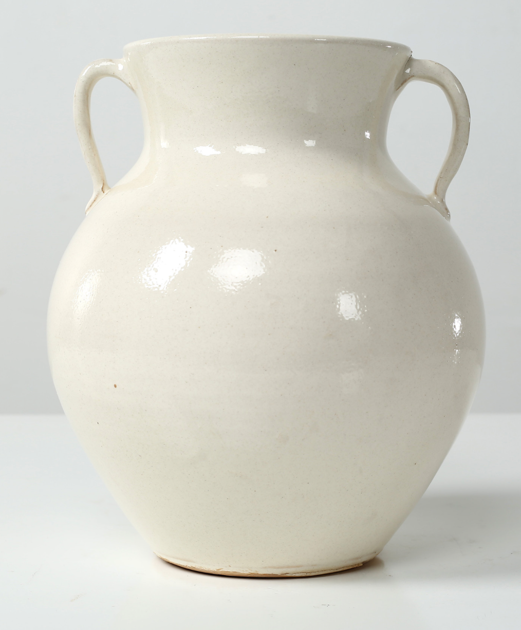 Off White Ceramic Pot w/ Two Handles 9"H
