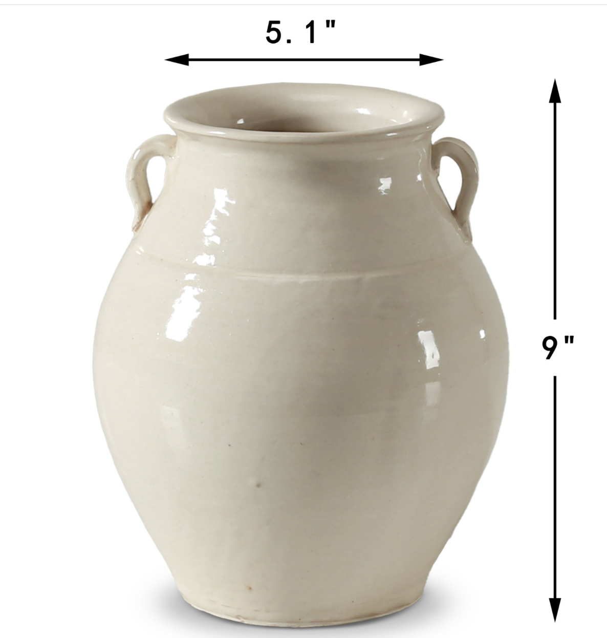 Off White Glazed Ceramic Vase w/ Two Handles 5" opening